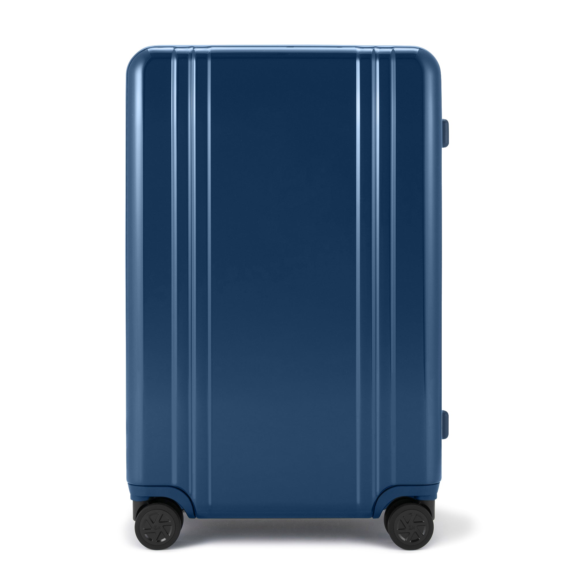 Blue suitcase with wheels on a white background