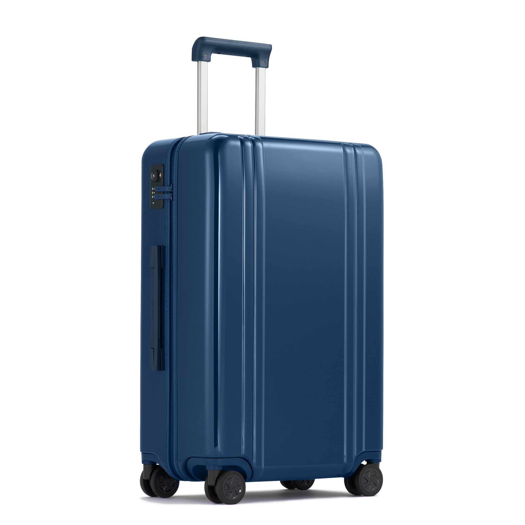 Blue suitcase with wheels and a handle on a white background