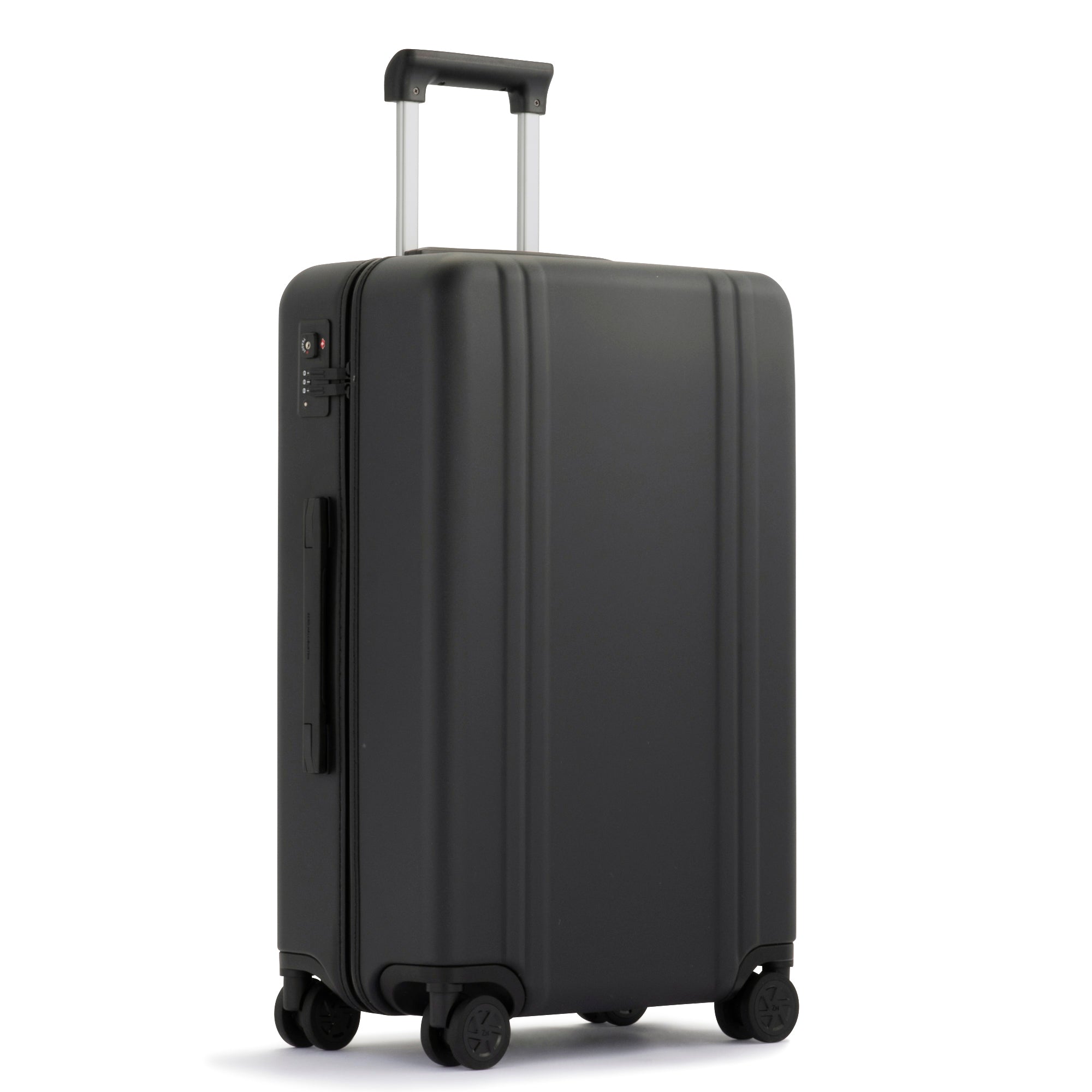 Black suitcase with wheels on a white background