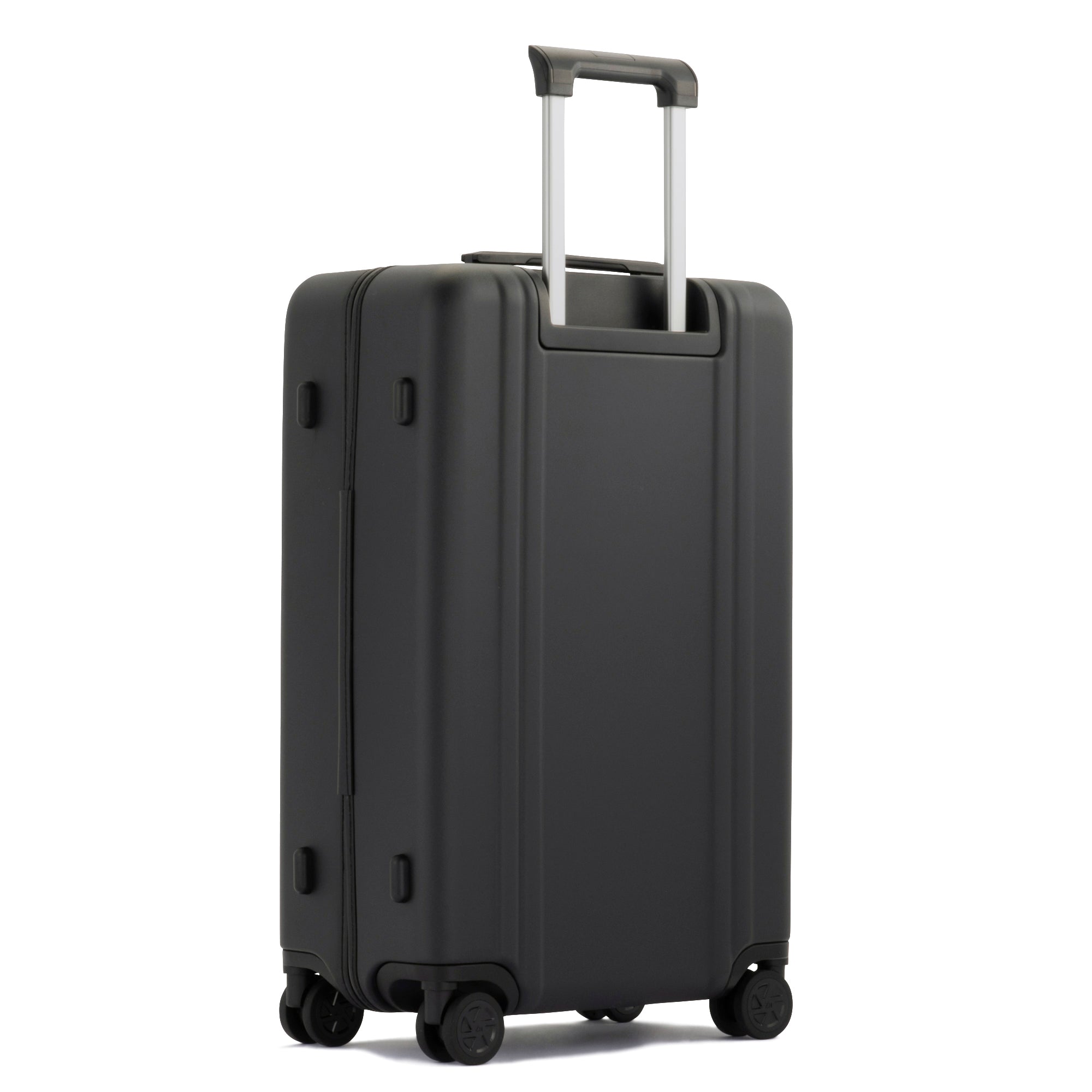 Black suitcase with wheels on a white background