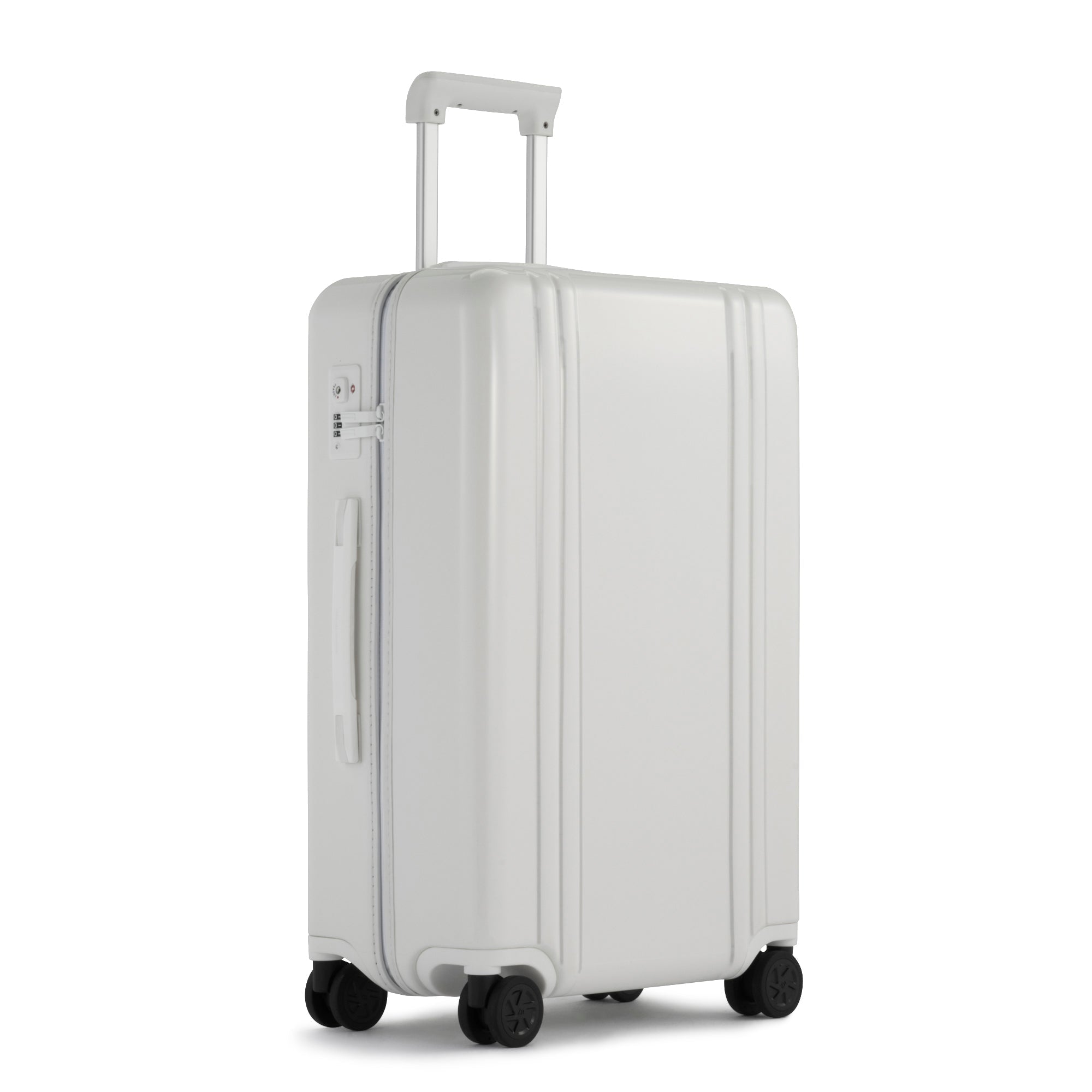 White suitcase with wheels on a white background