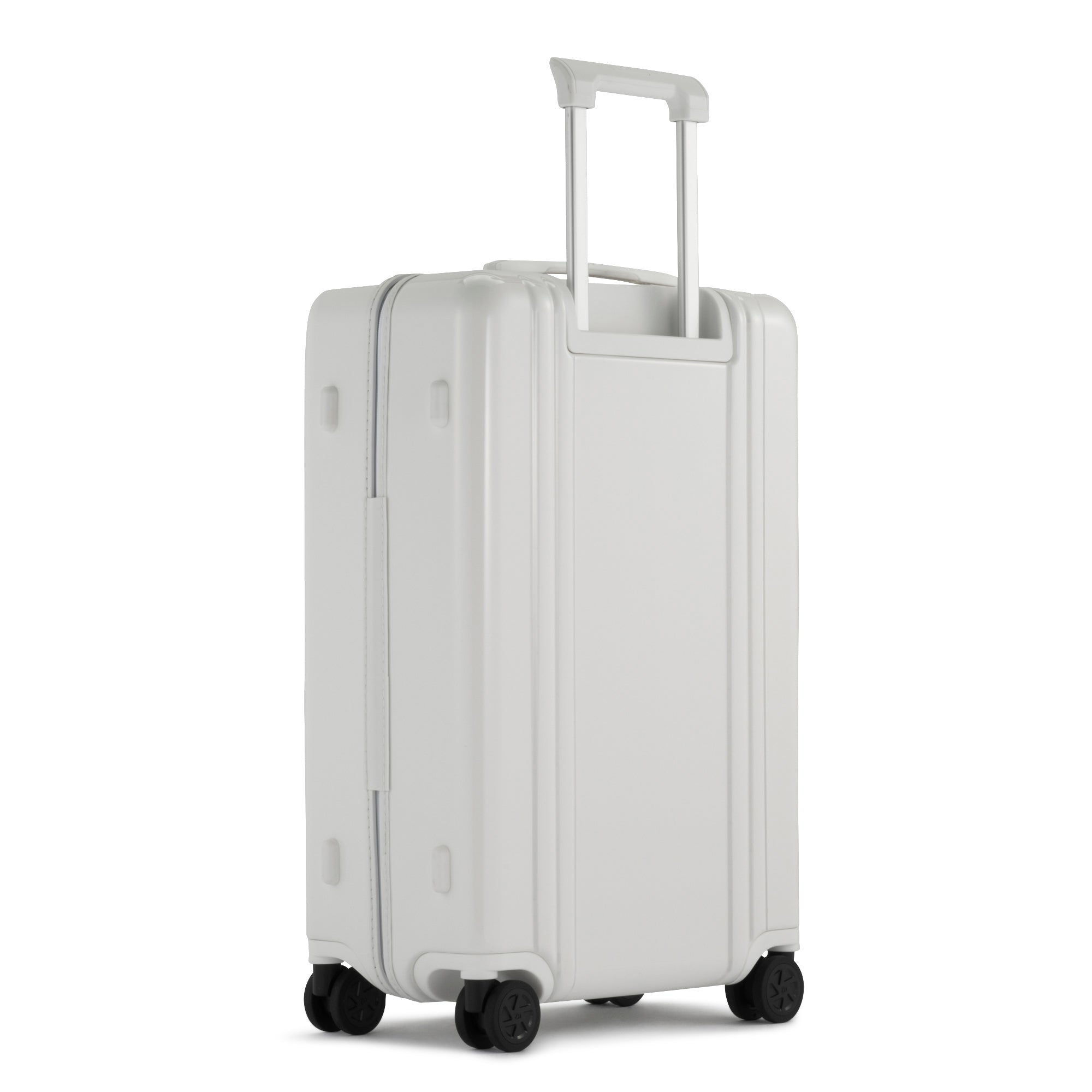White suitcase with wheels on a white background