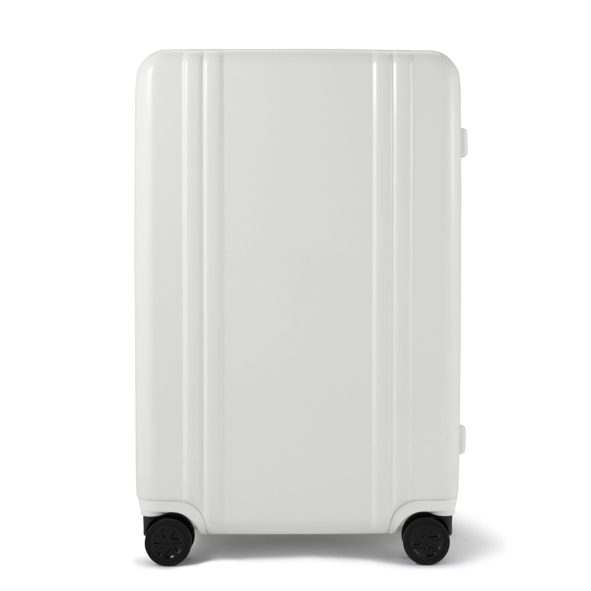 White suitcase with wheels on a white background