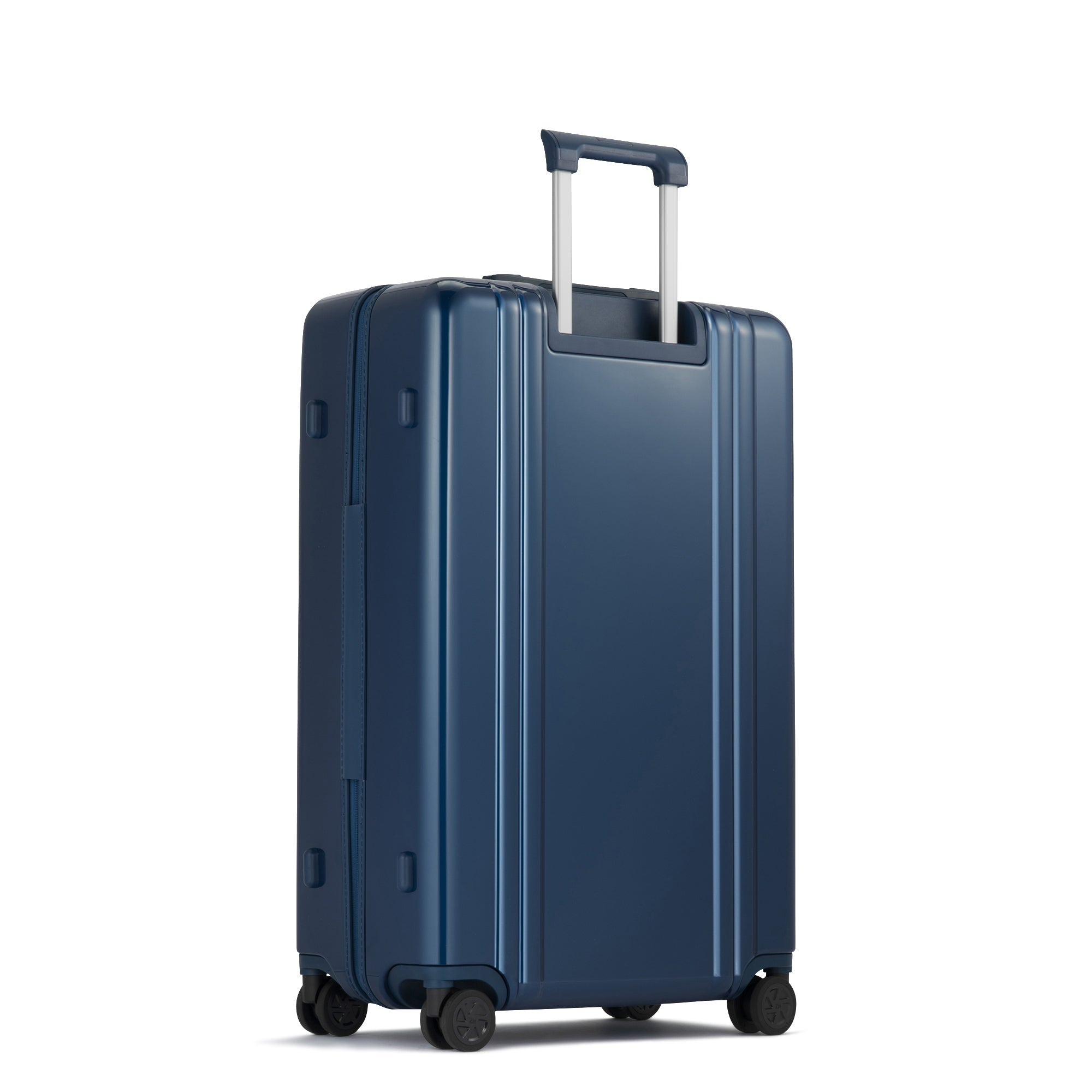 Blue suitcase with a white handle on a white background