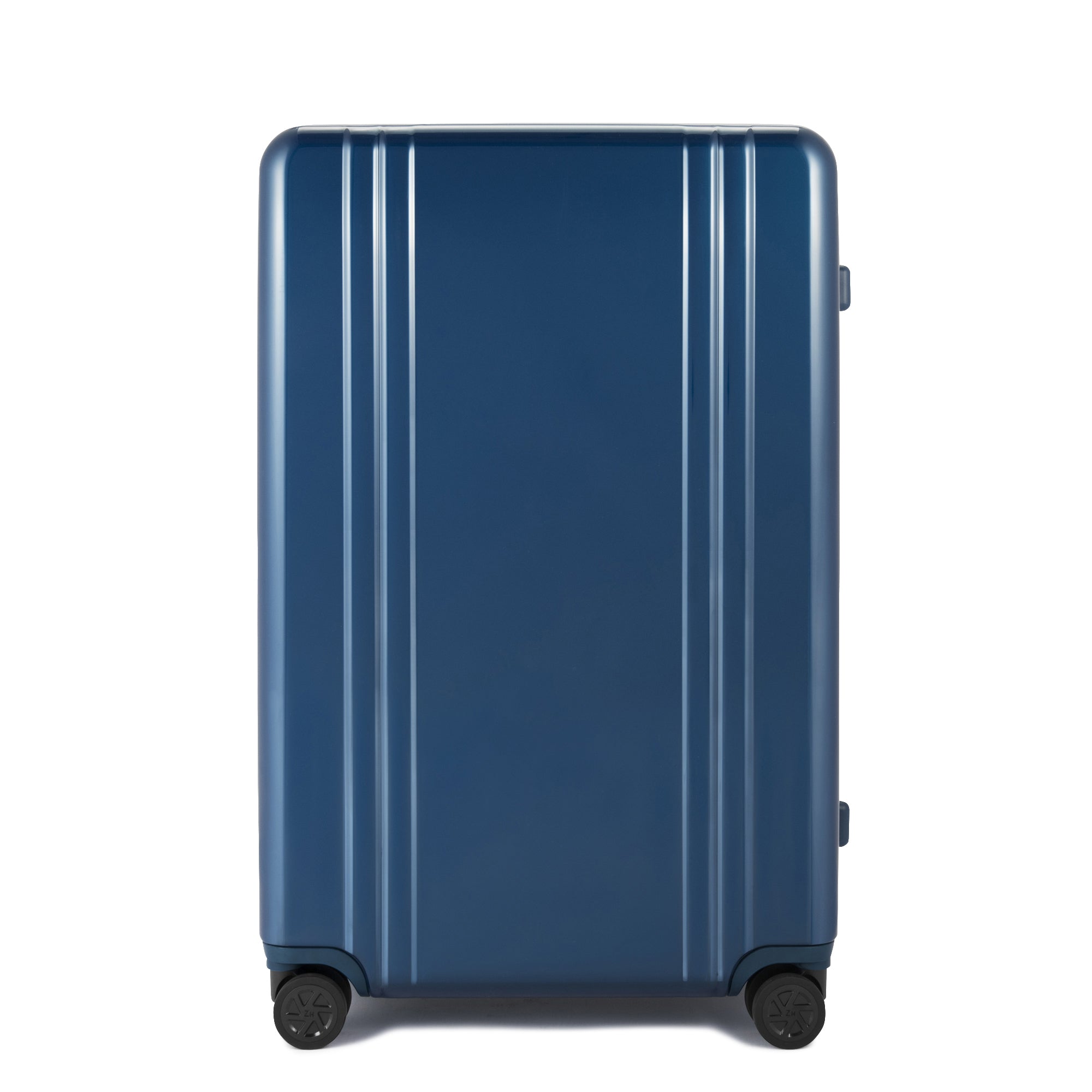 Blue suitcase with wheels on a white background