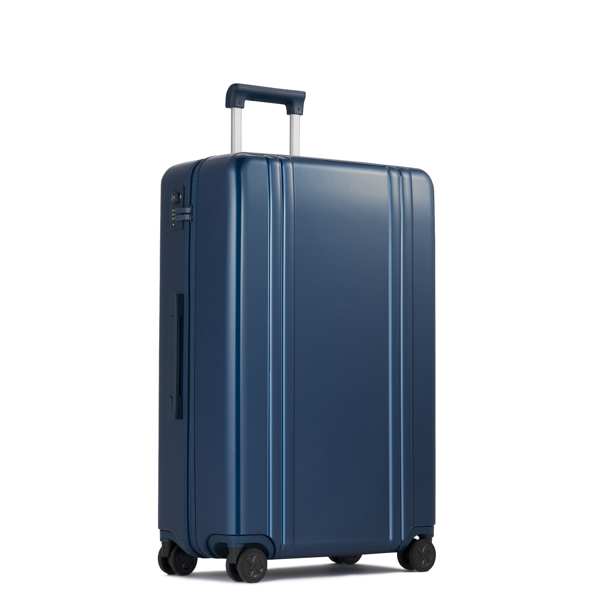 Blue suitcase with wheels on a white background