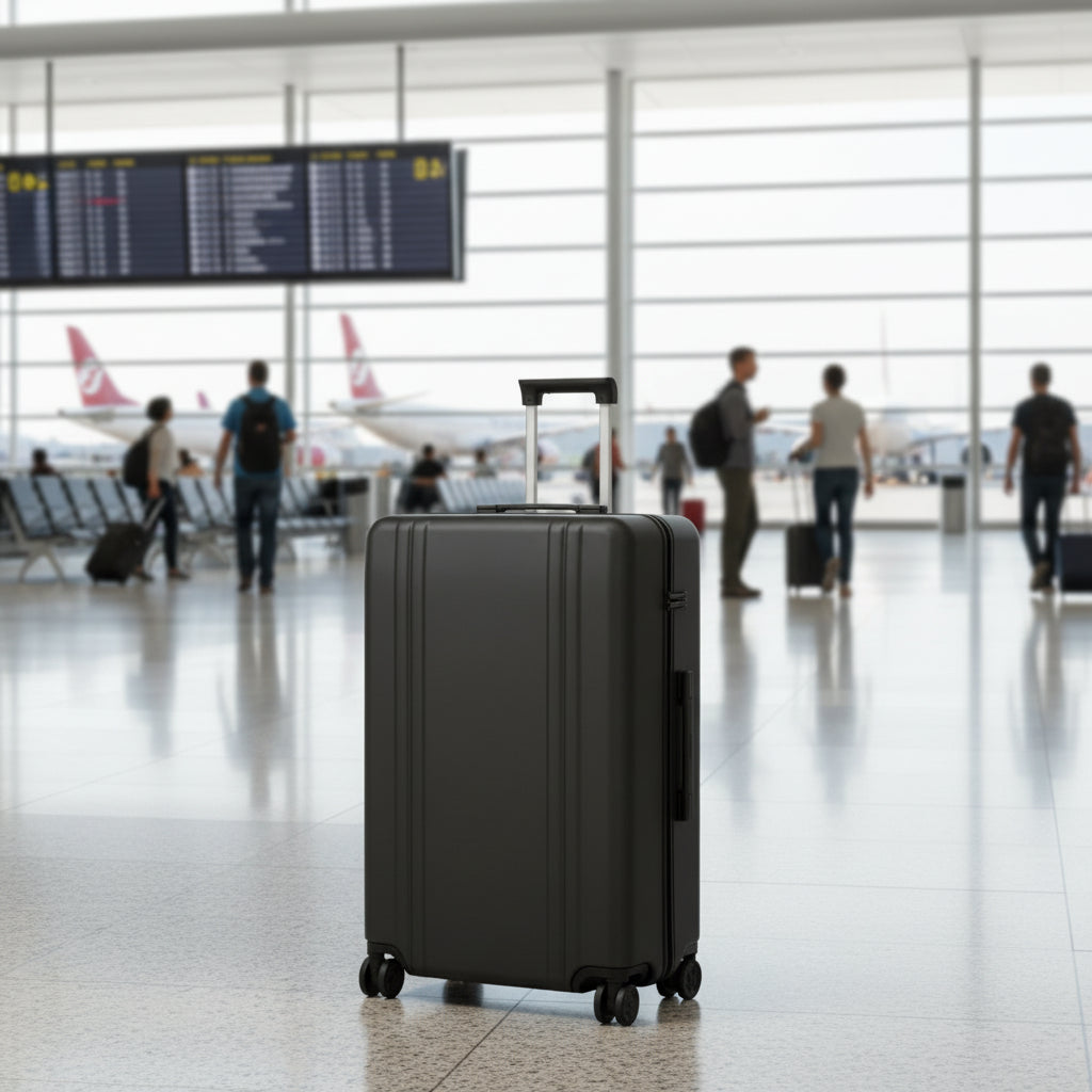 Black suitcase with wheels on a white background