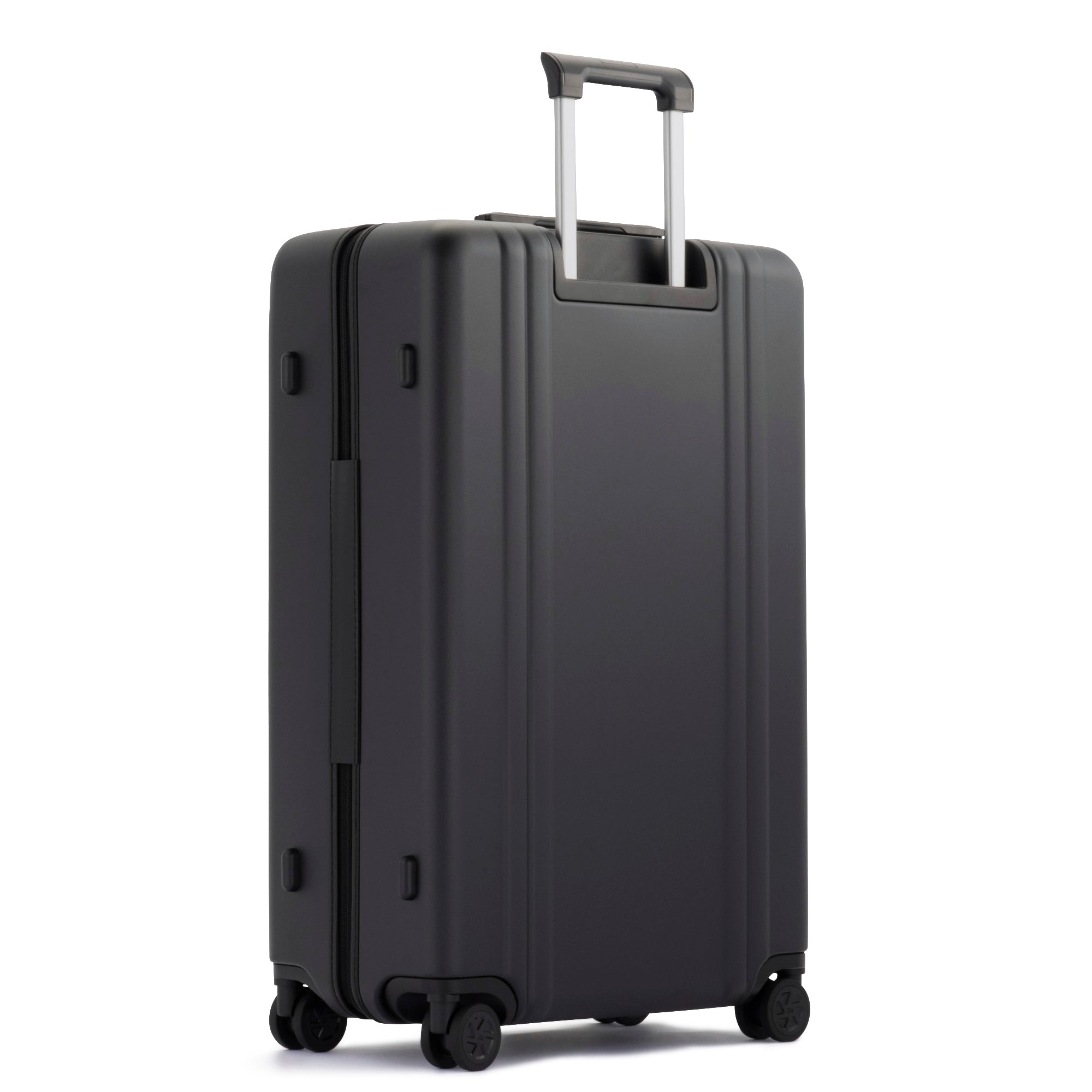 Black suitcase with wheels on a white background