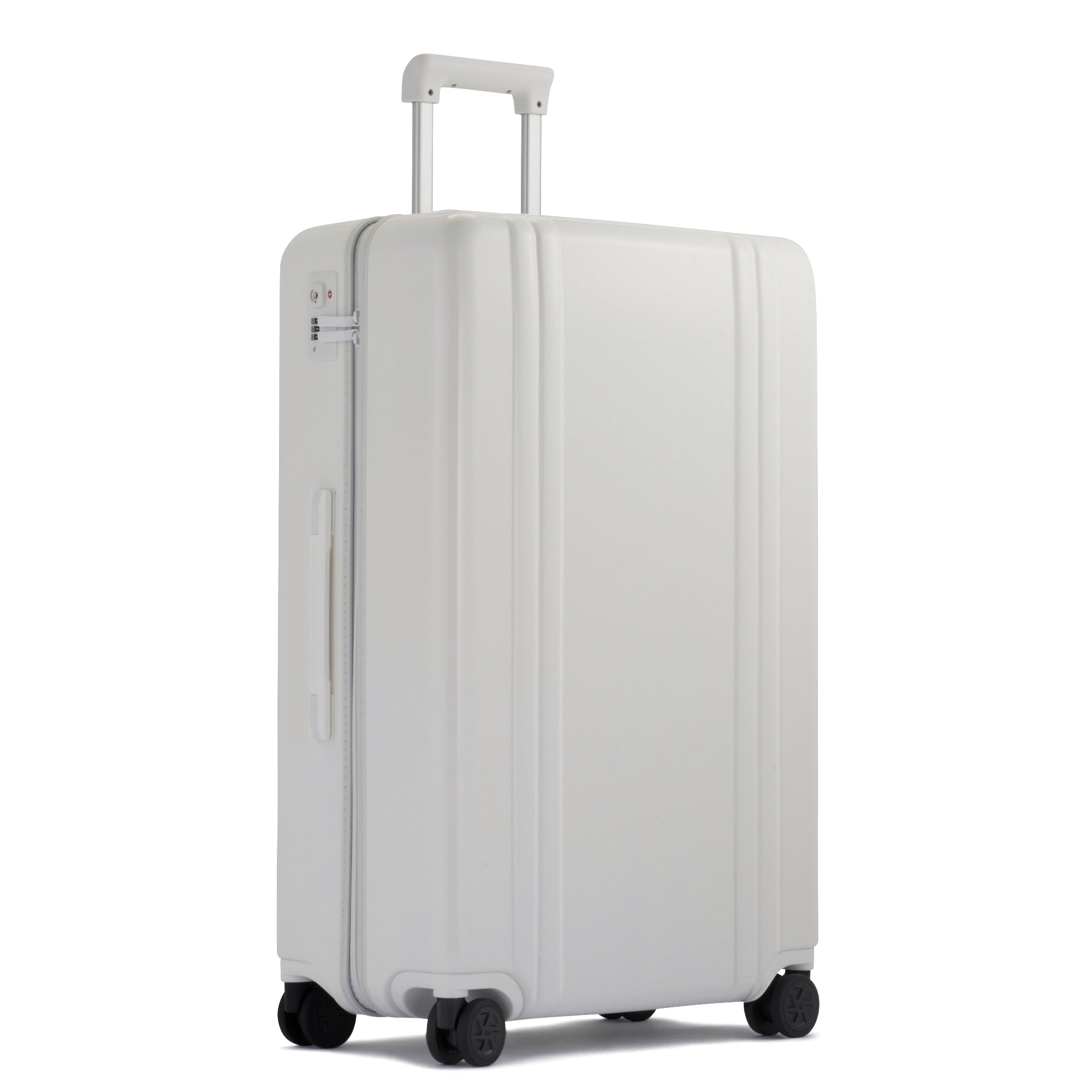 White suitcase with wheels on a white background