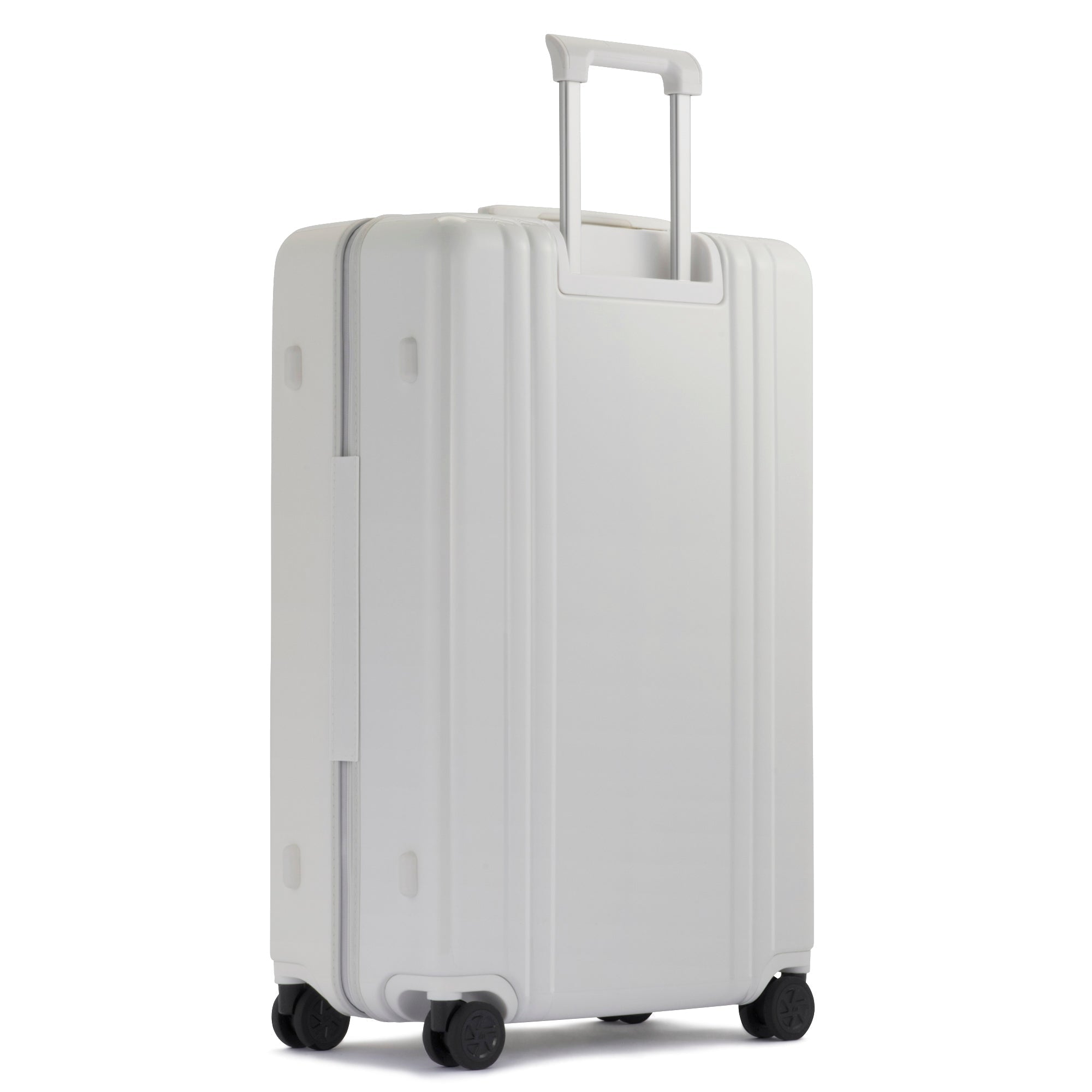 White suitcase with wheels on a white background