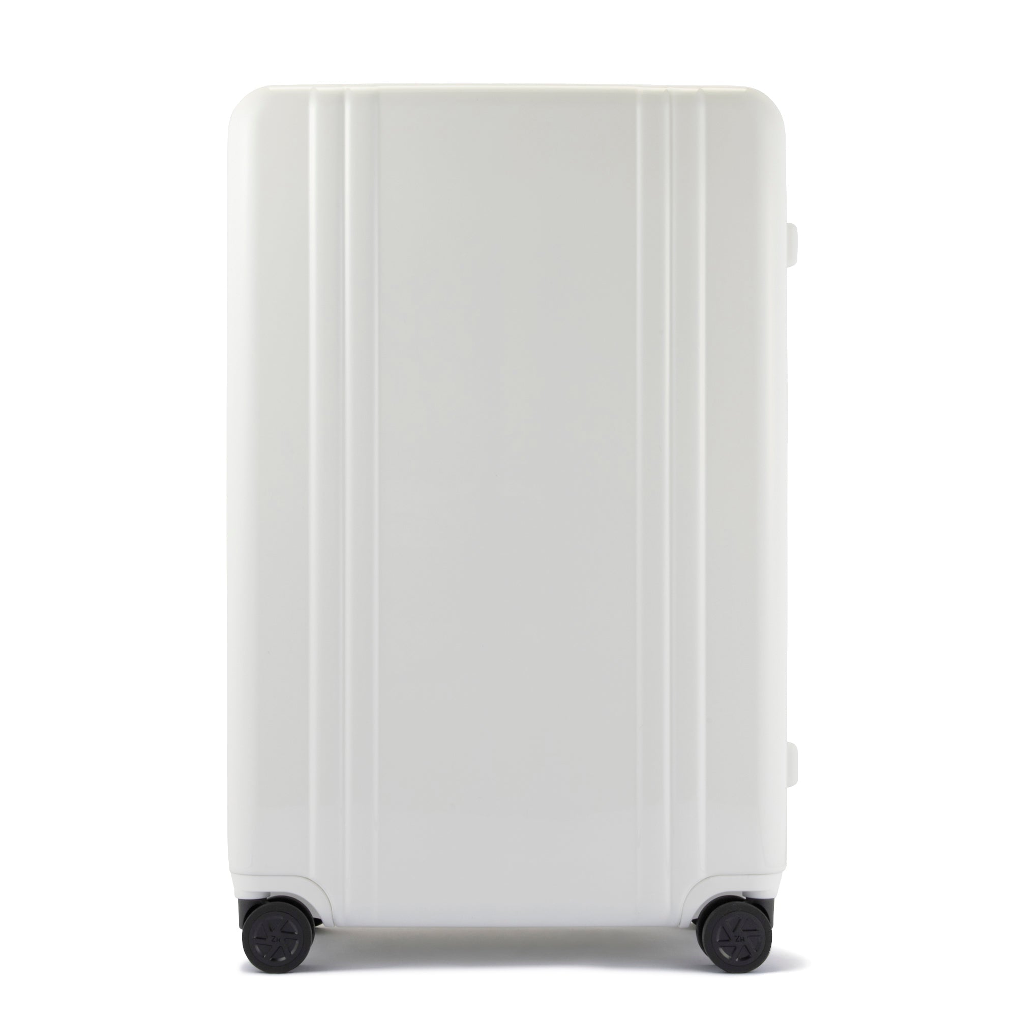 White suitcase with black wheels on a white background