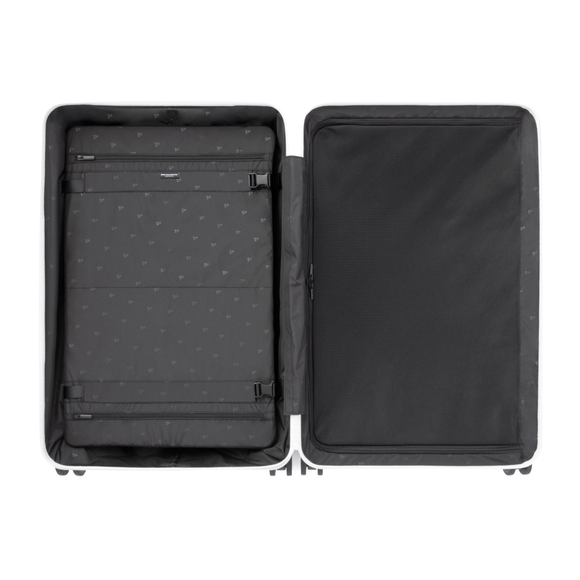 Black suitcase with open lid on a white background