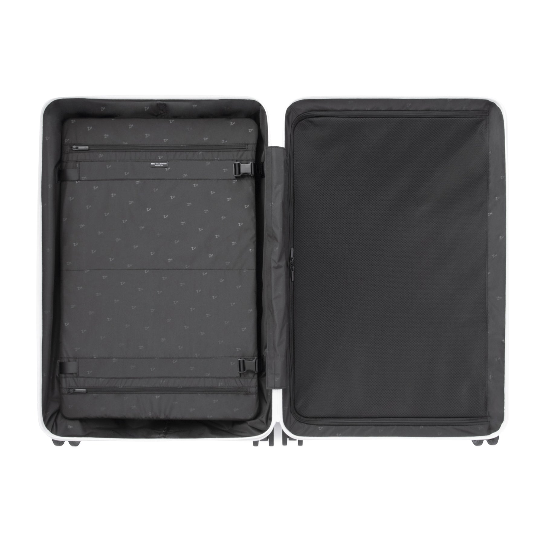 Black suitcase with open lid on a white background