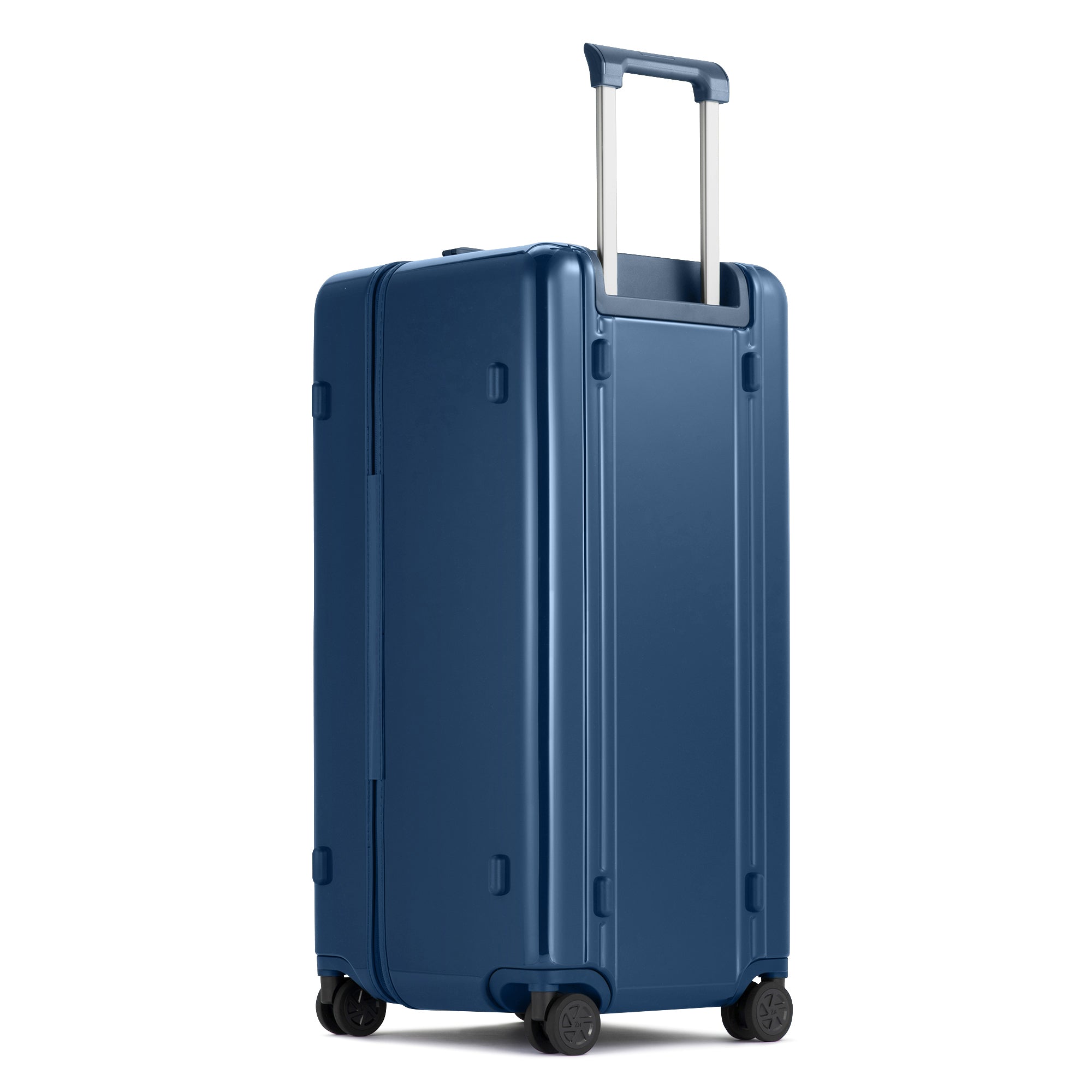 Blue suitcase with wheels on a white background