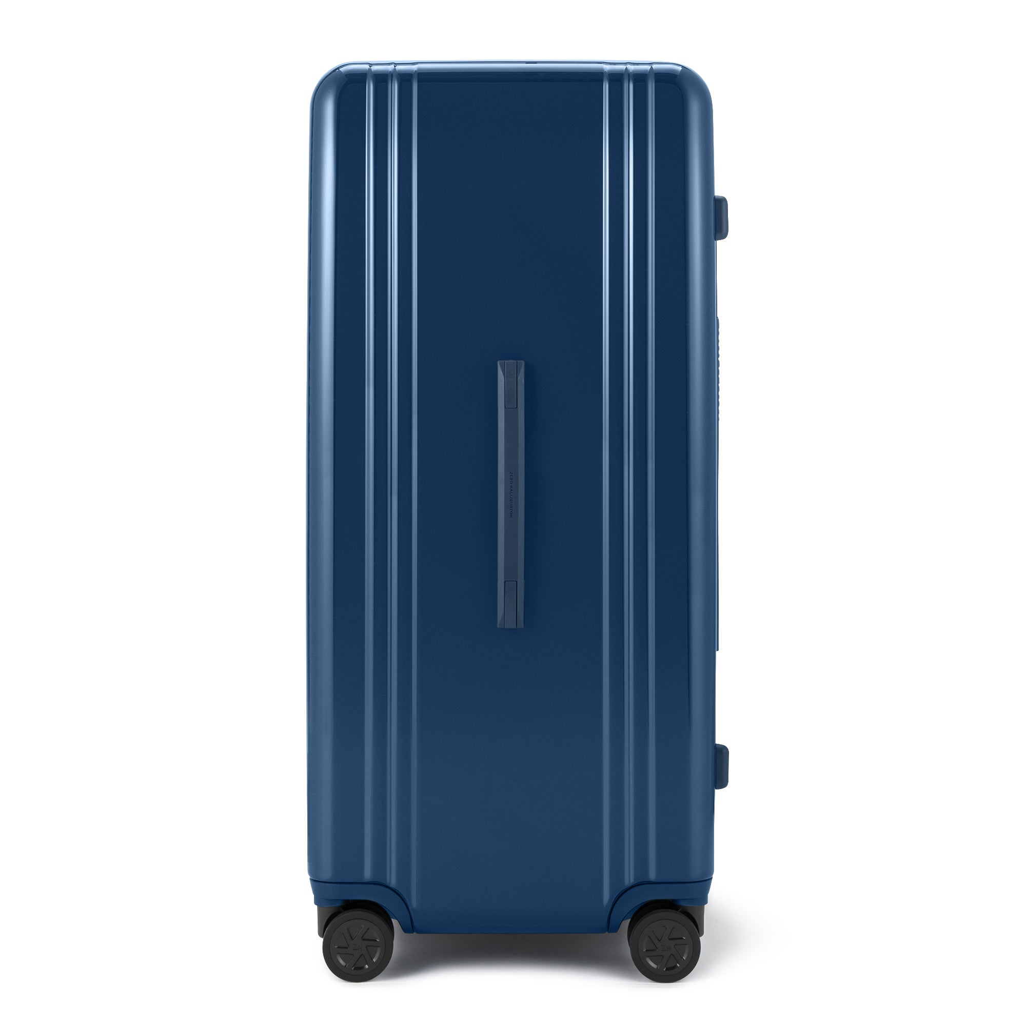Blue suitcase with wheels on a white background