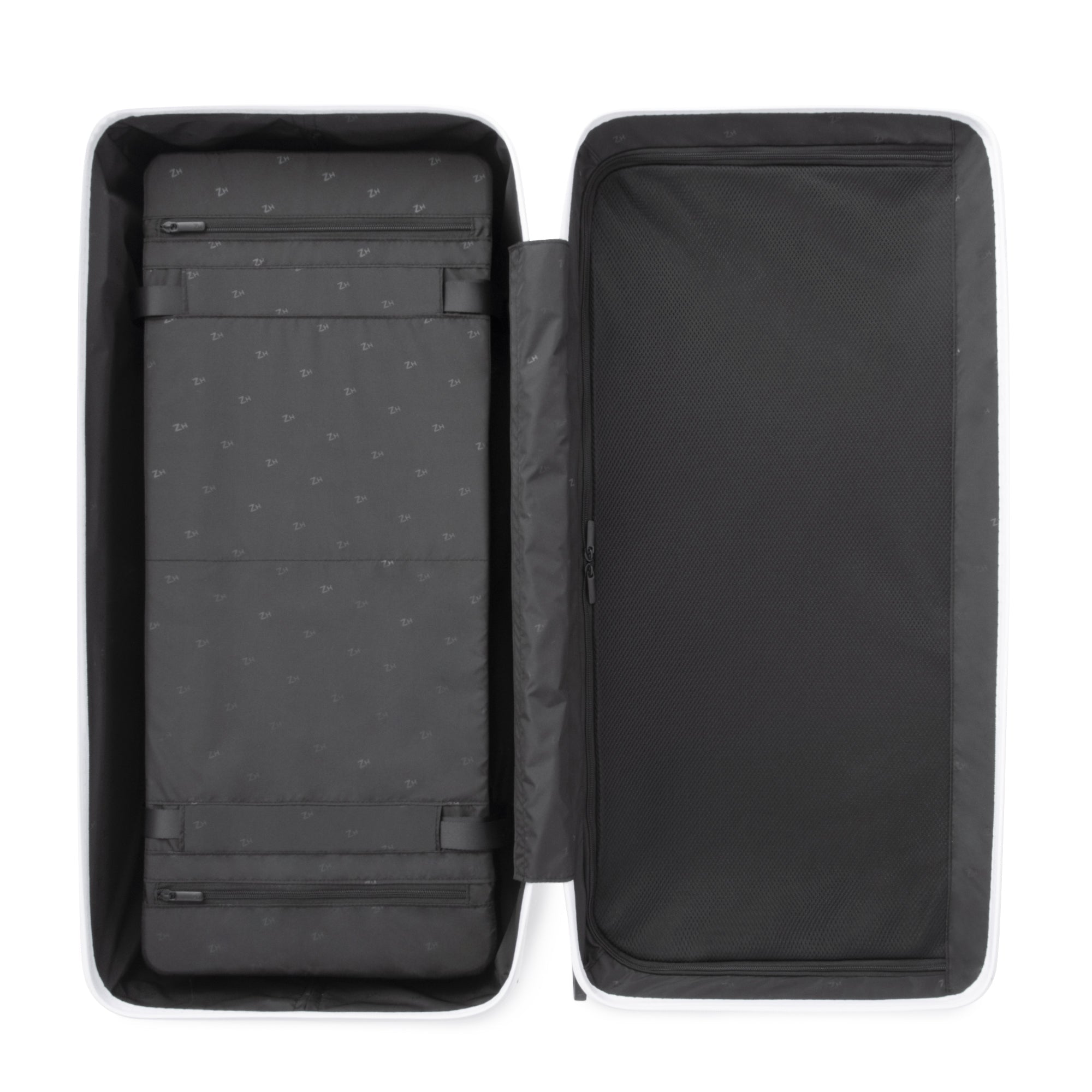 Black suitcase with open lid on a white background