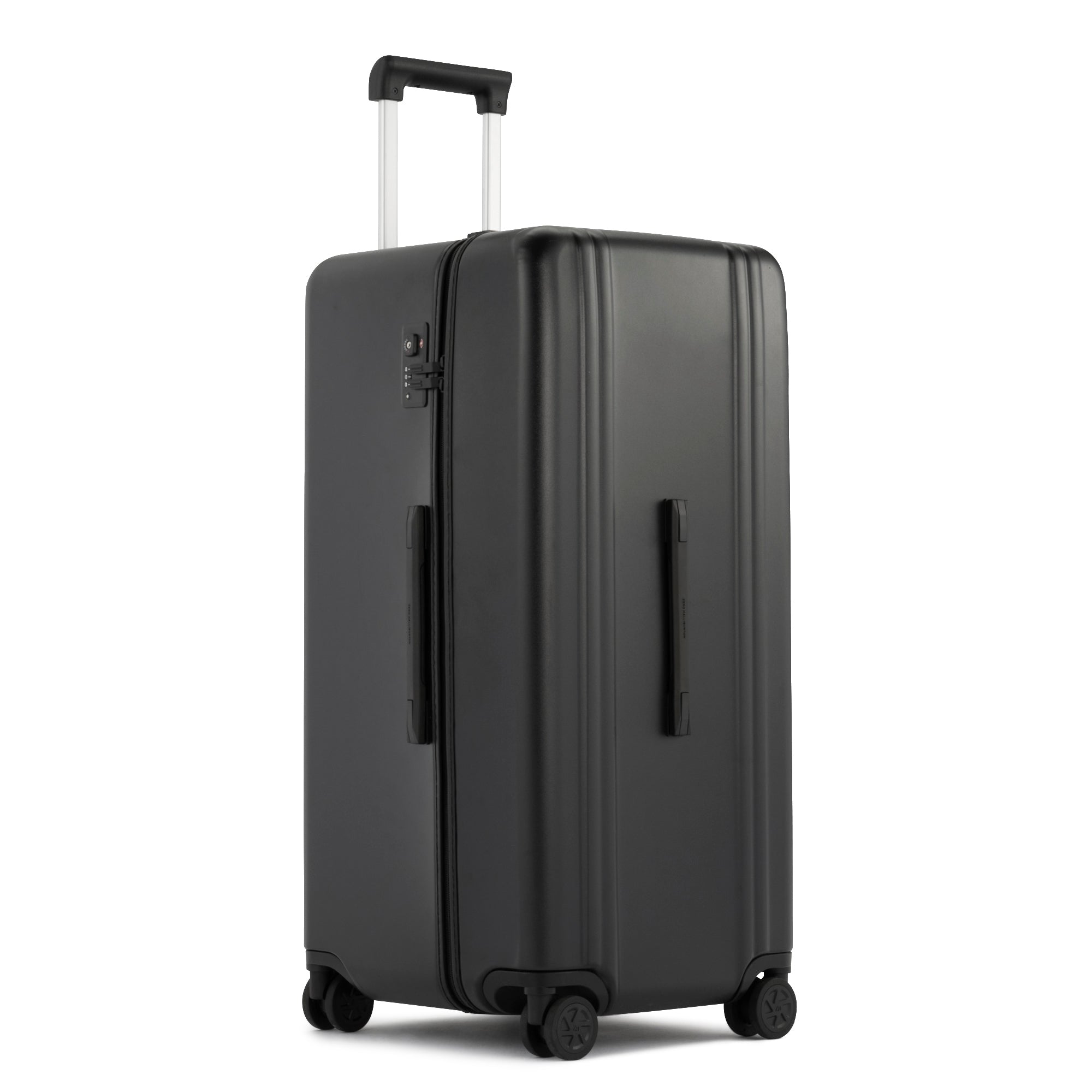 Black suitcase with wheels on a white background