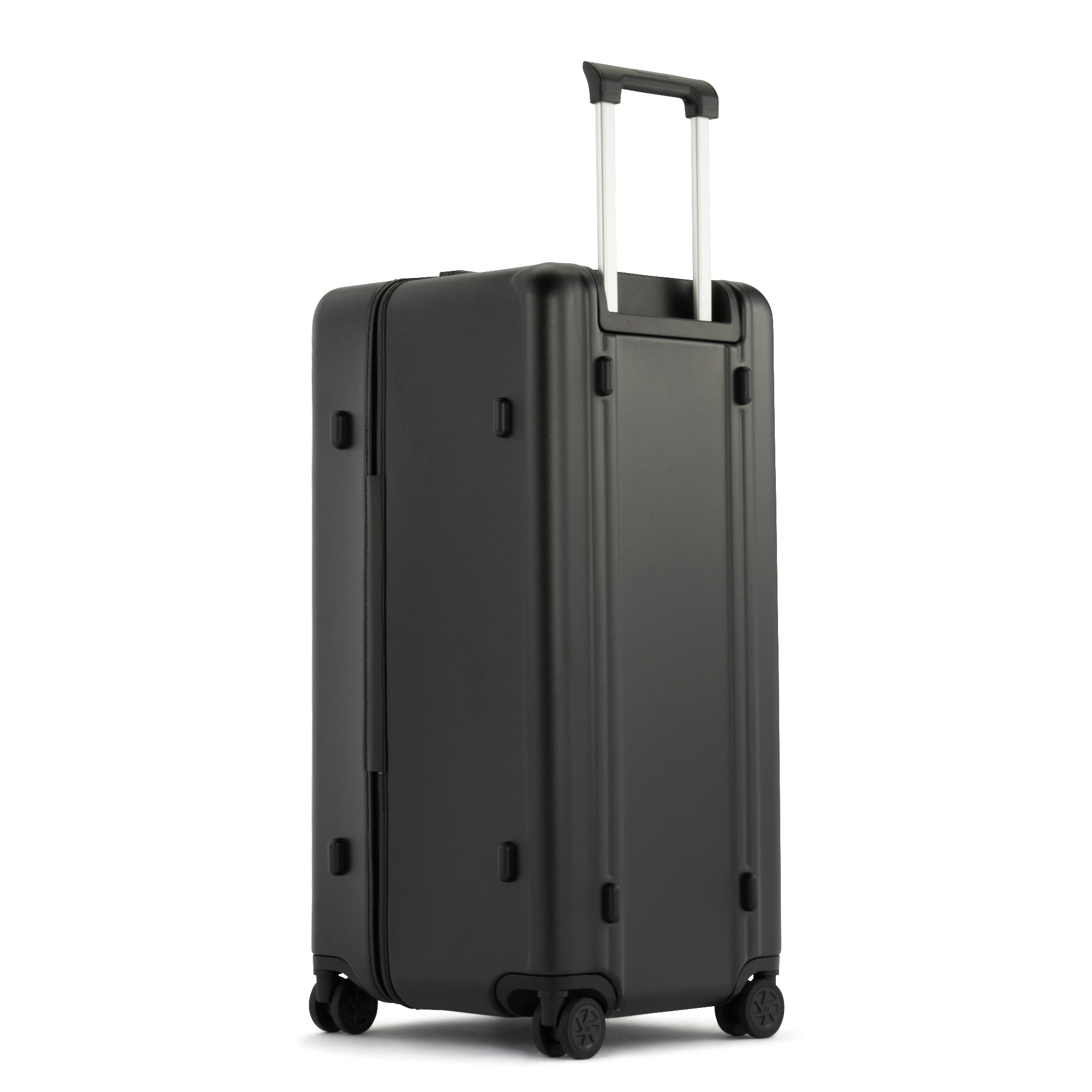 Black suitcase with wheels on a white background