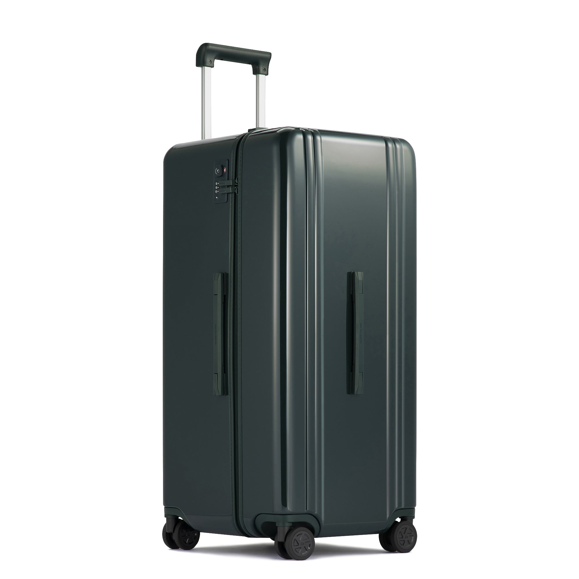 Black suitcase with wheels on a white background