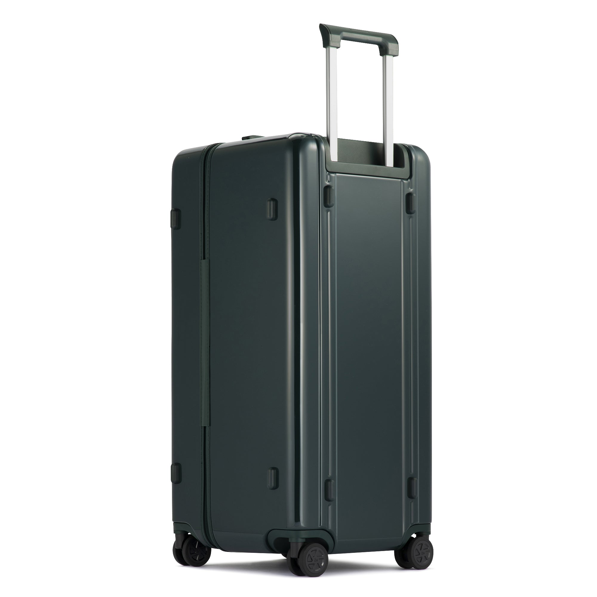 Dark green suitcase with wheels on a white background