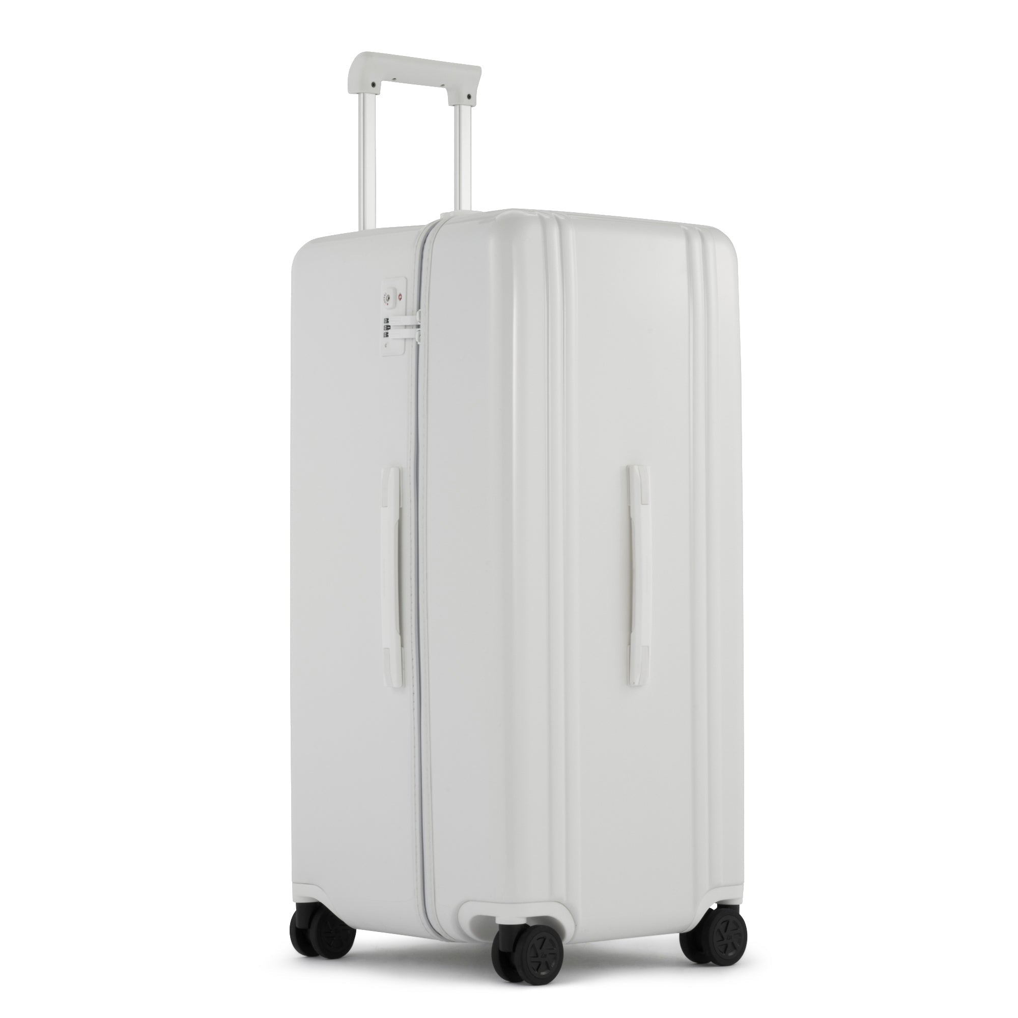 White suitcase with wheels on a white background