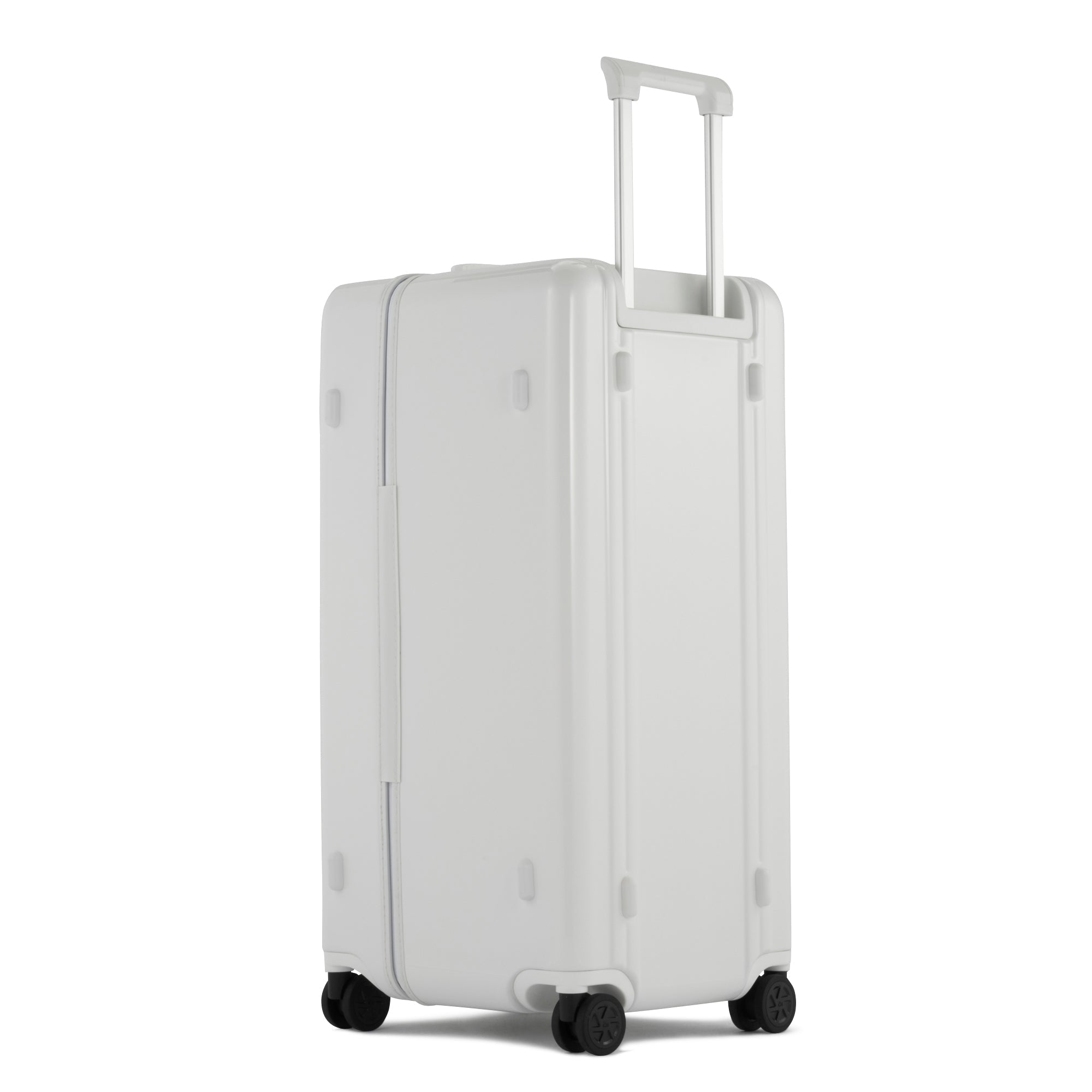 White suitcase with wheels on a white background