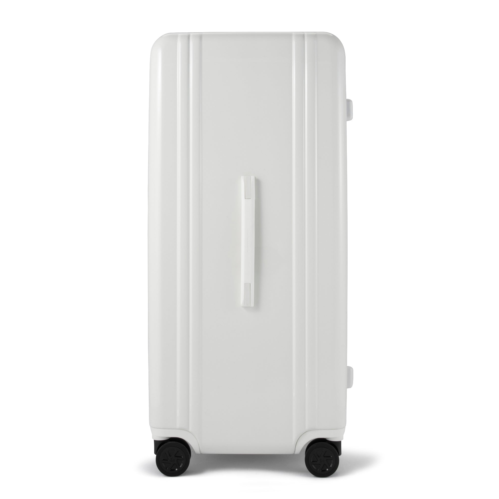 White suitcase with wheels on a white background