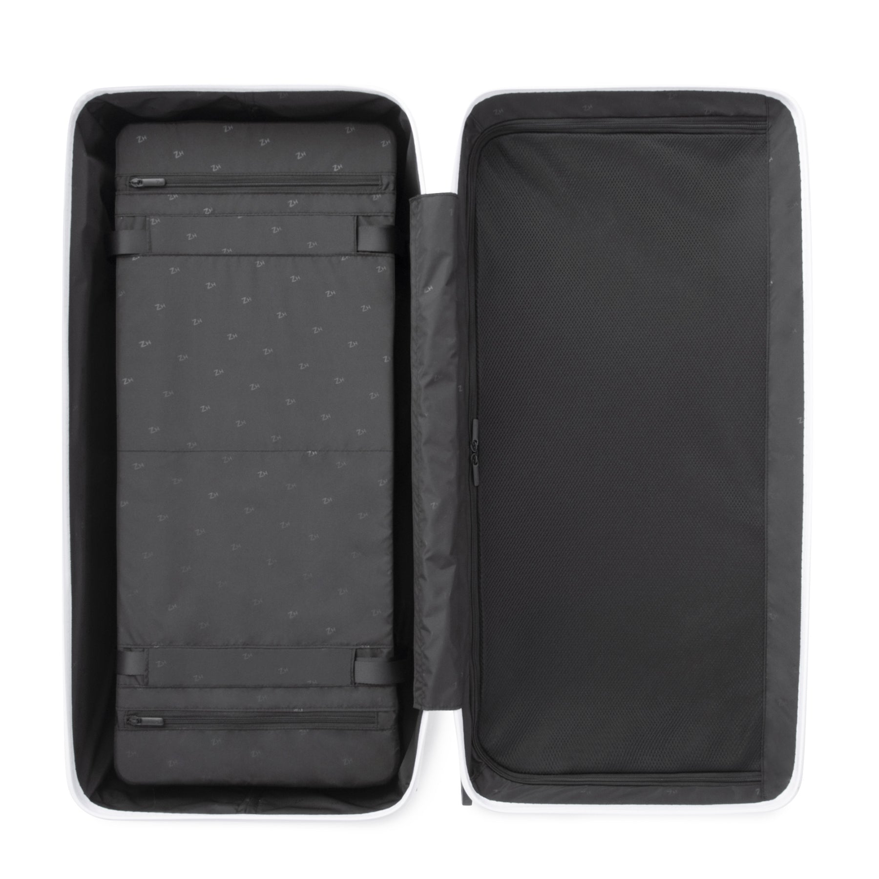 Black suitcase with open compartment on a white background