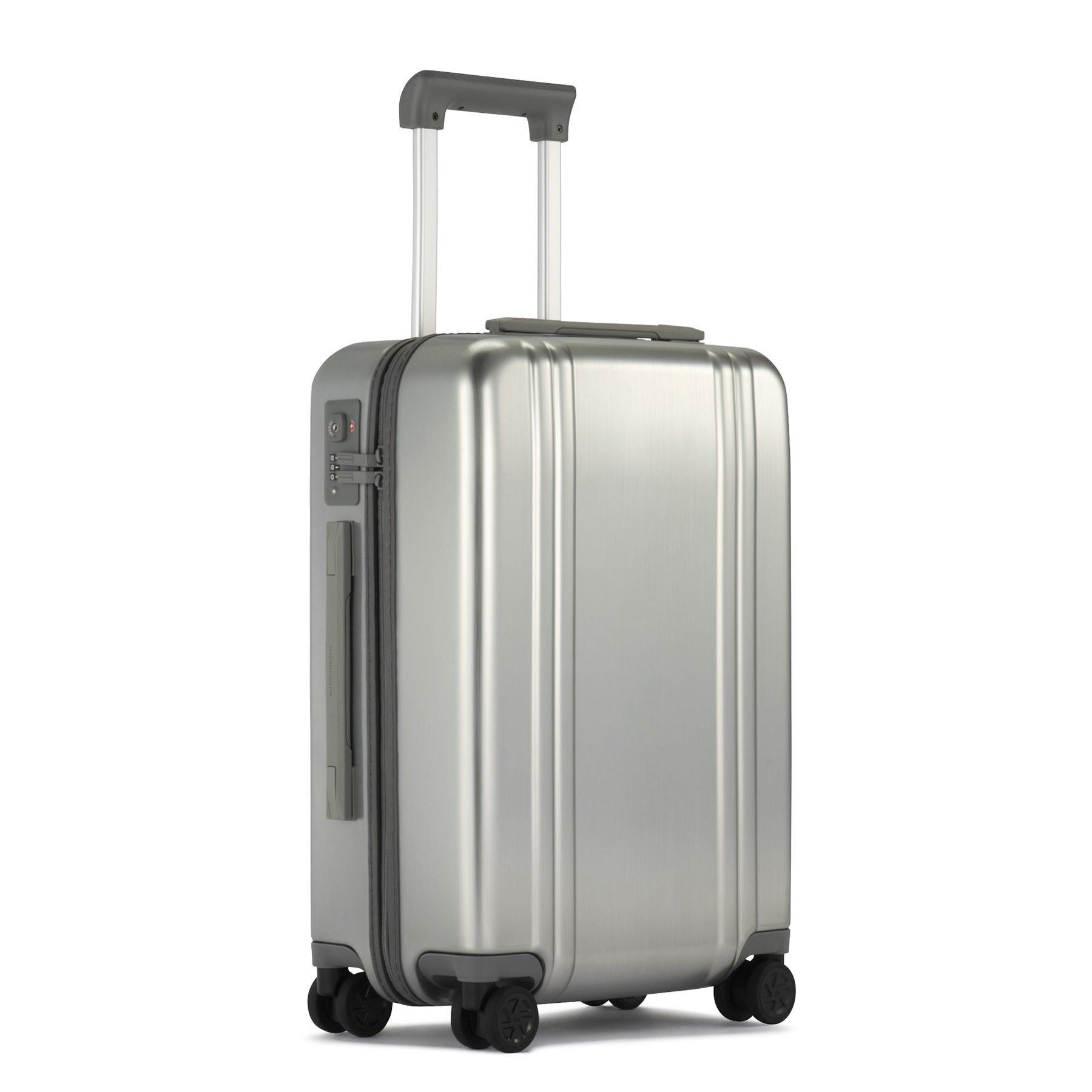 Silver suitcase with wheels and handle on a white background