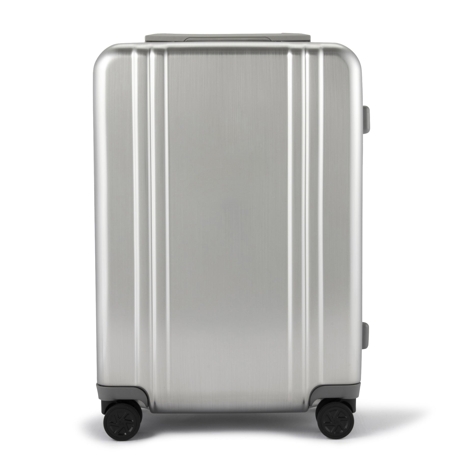 Silver suitcase with wheels on a white background