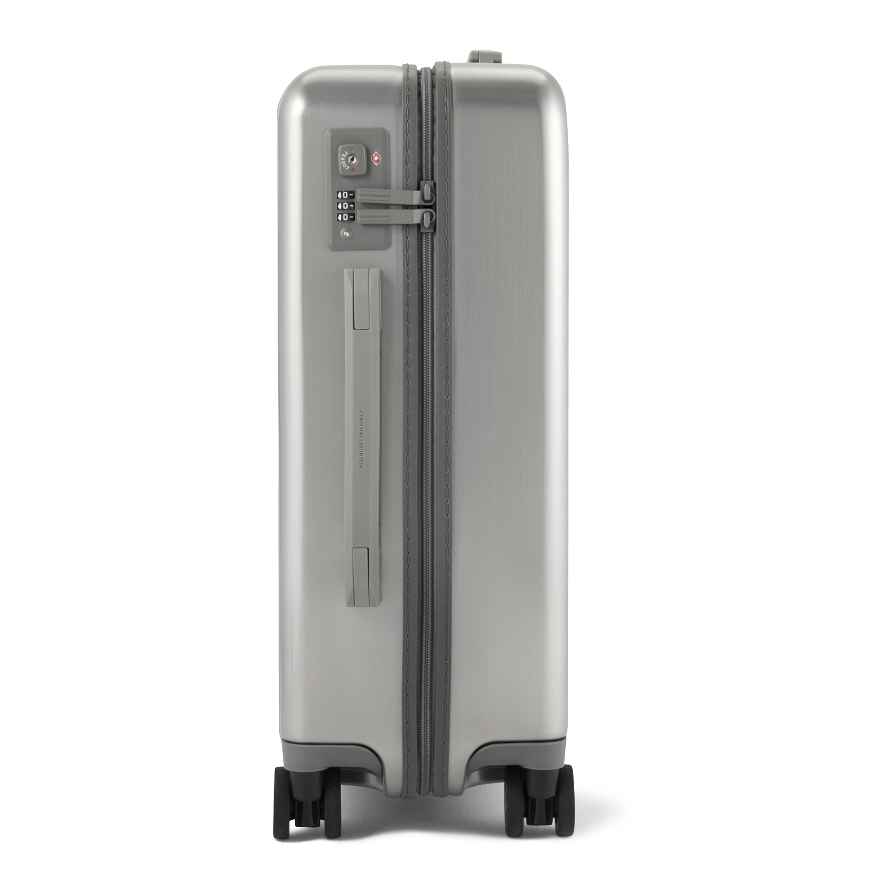 Silver suitcase with a zipper on a white background