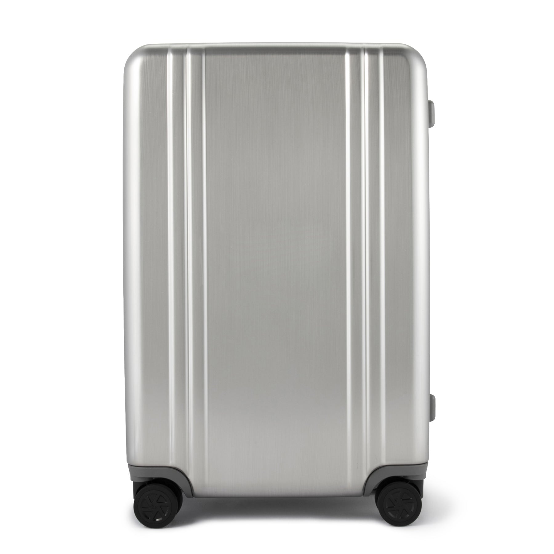 Silver suitcase with wheels on a white background