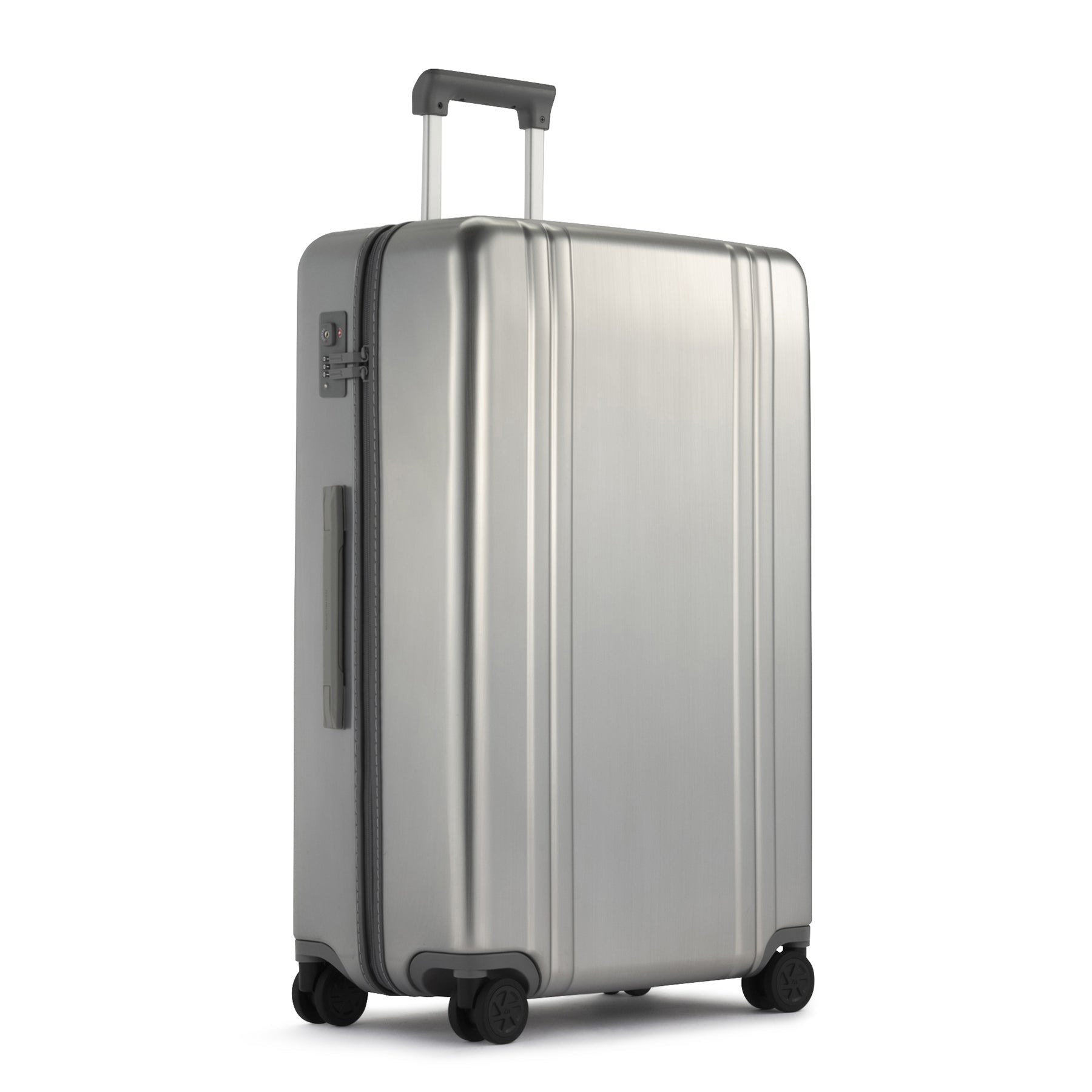 Silver suitcase with wheels on a white background