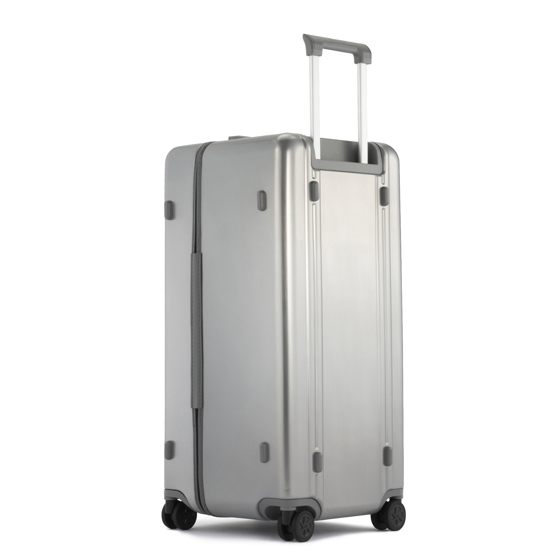Silver suitcase with wheels on a white background