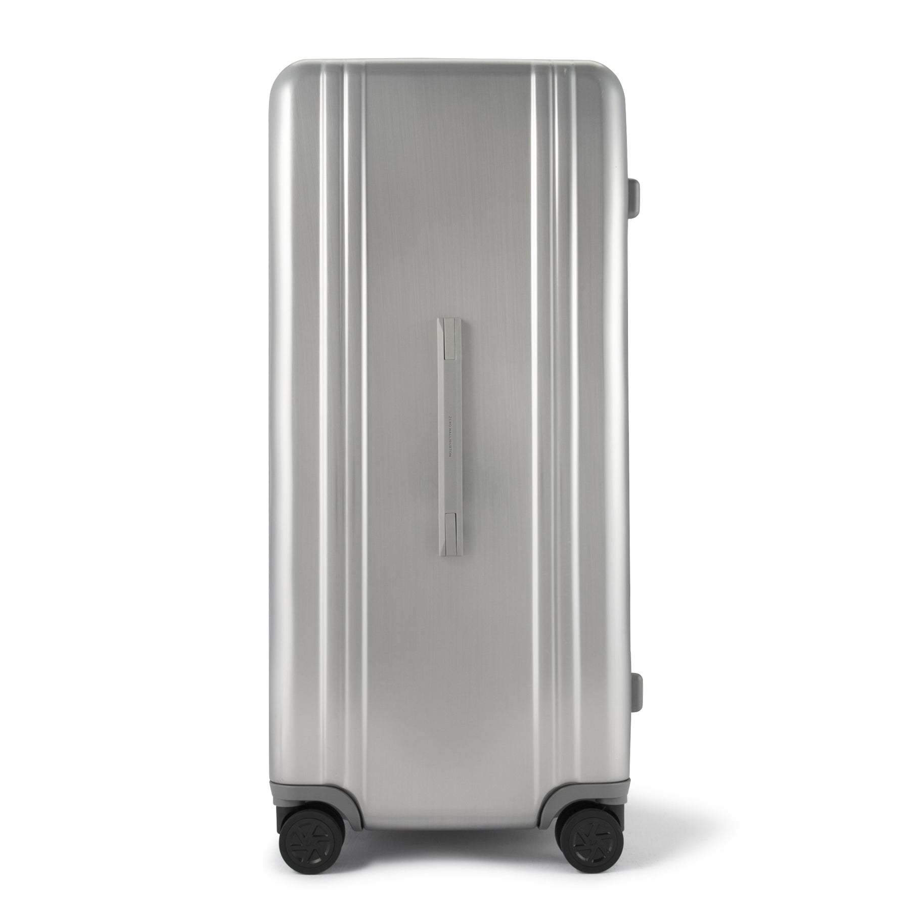 Silver suitcase with wheels on a white background