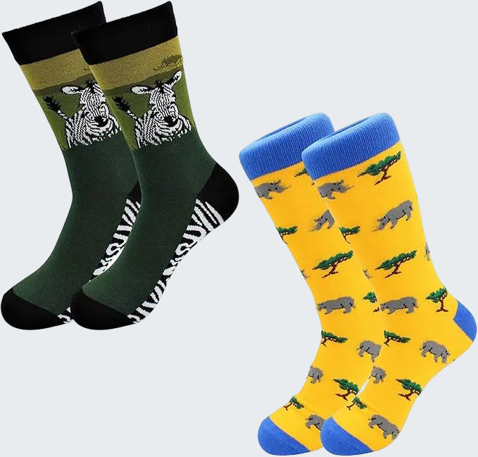 Two pairs of socks with animal patterns on a white background