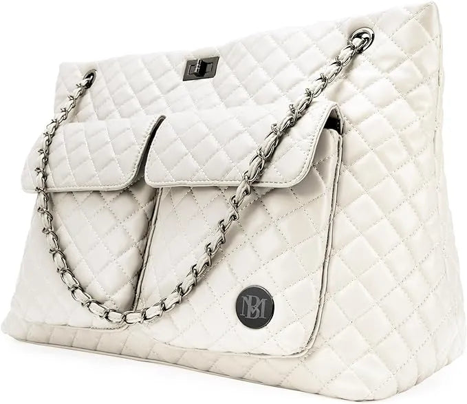 White quilted handbag with a chain strap on a white background