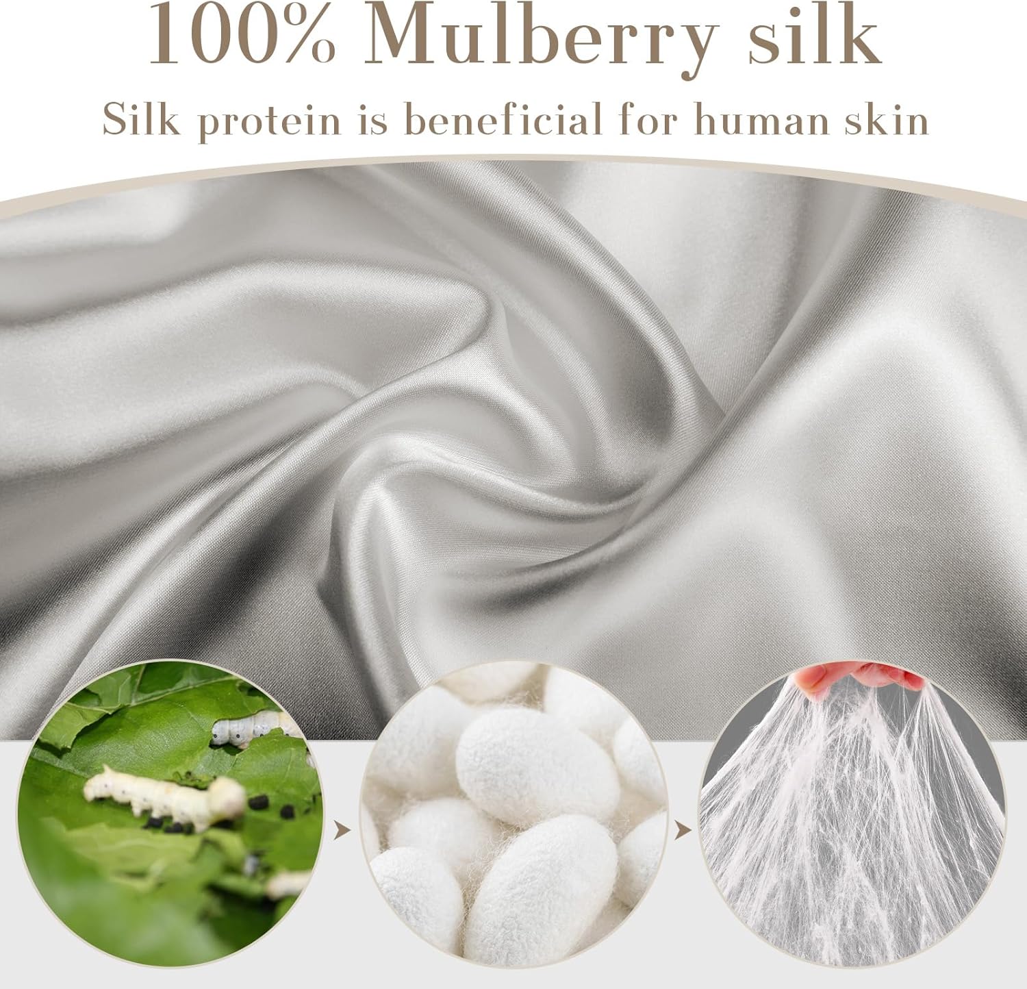 Silk fabric with text about 100% mulberry silk and its benefits for human skin.