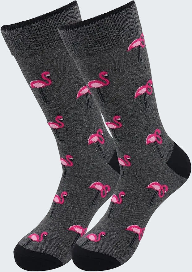 Gray socks with pink flamingo pattern on a white background