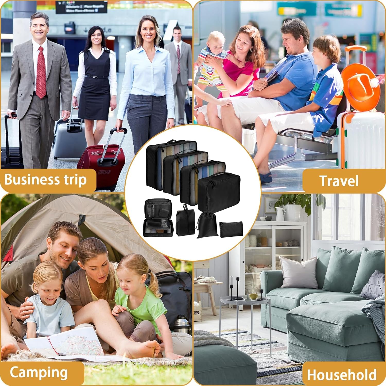 Collage of people with travel-related activities, including business trip, travel, camping, and household scenes, with a focus on travel accessories.