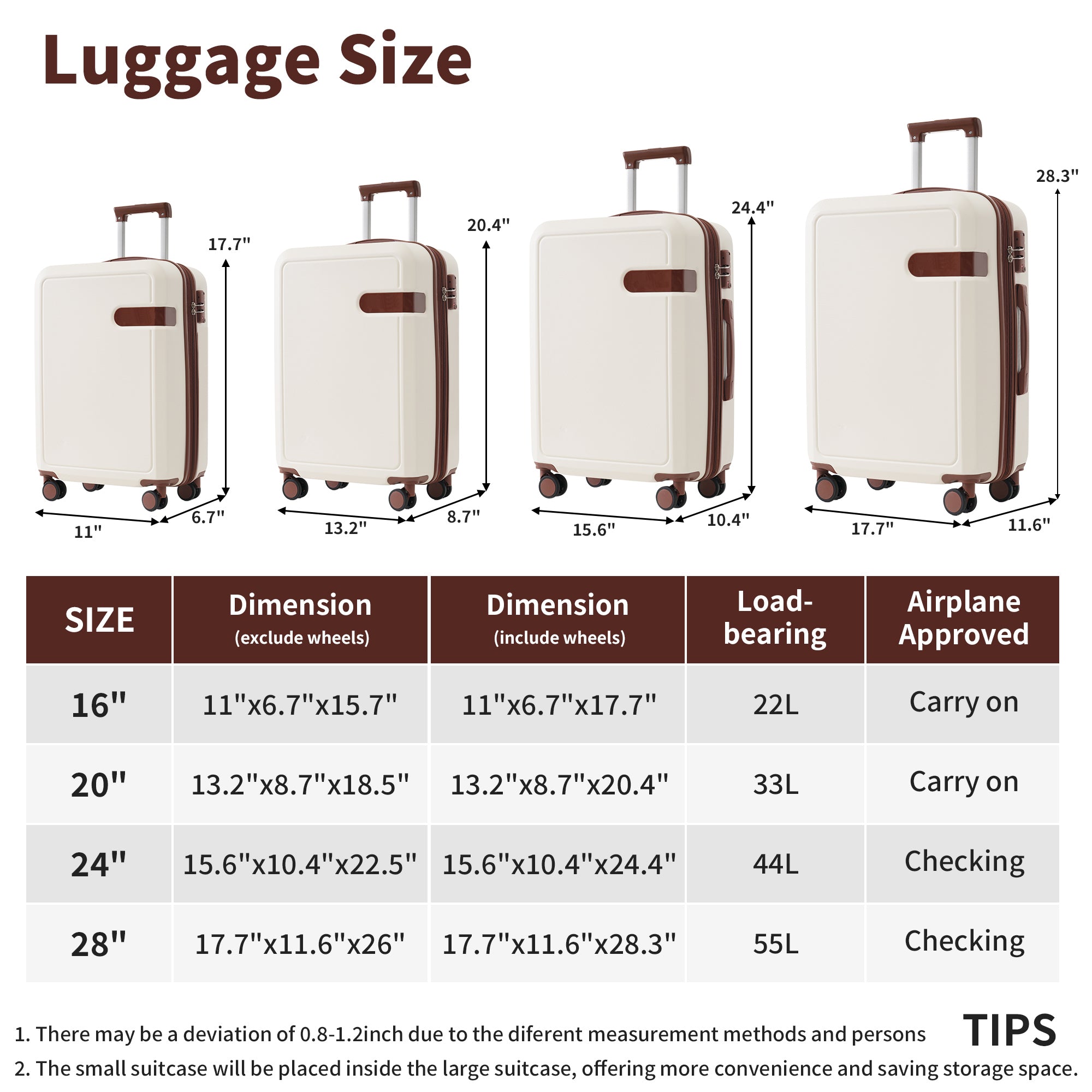 Brown and White Four Piece Luggage Set with Compression Packing Cubes for Suitcase Expandable Spinner Wheels Lightweight Suitcase with TSA Lock 16 IN+20IN+24IN+28IN