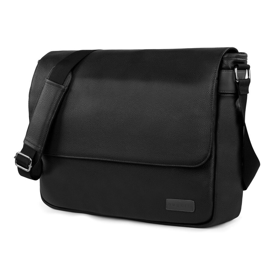 Black leather messenger bag on a white background