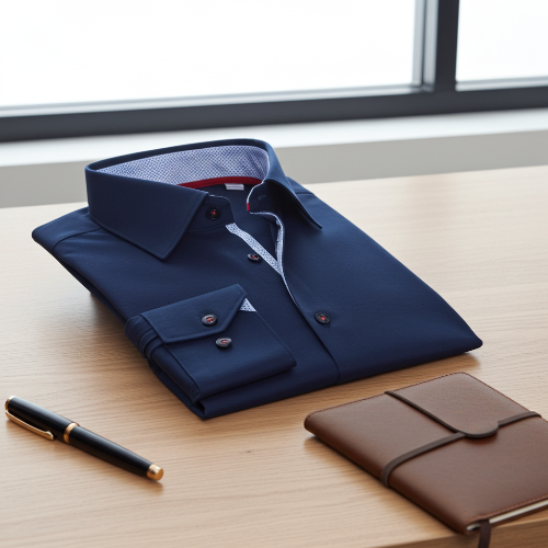 Folded navy shirt on a wooden surface with a pen and brown notebook.