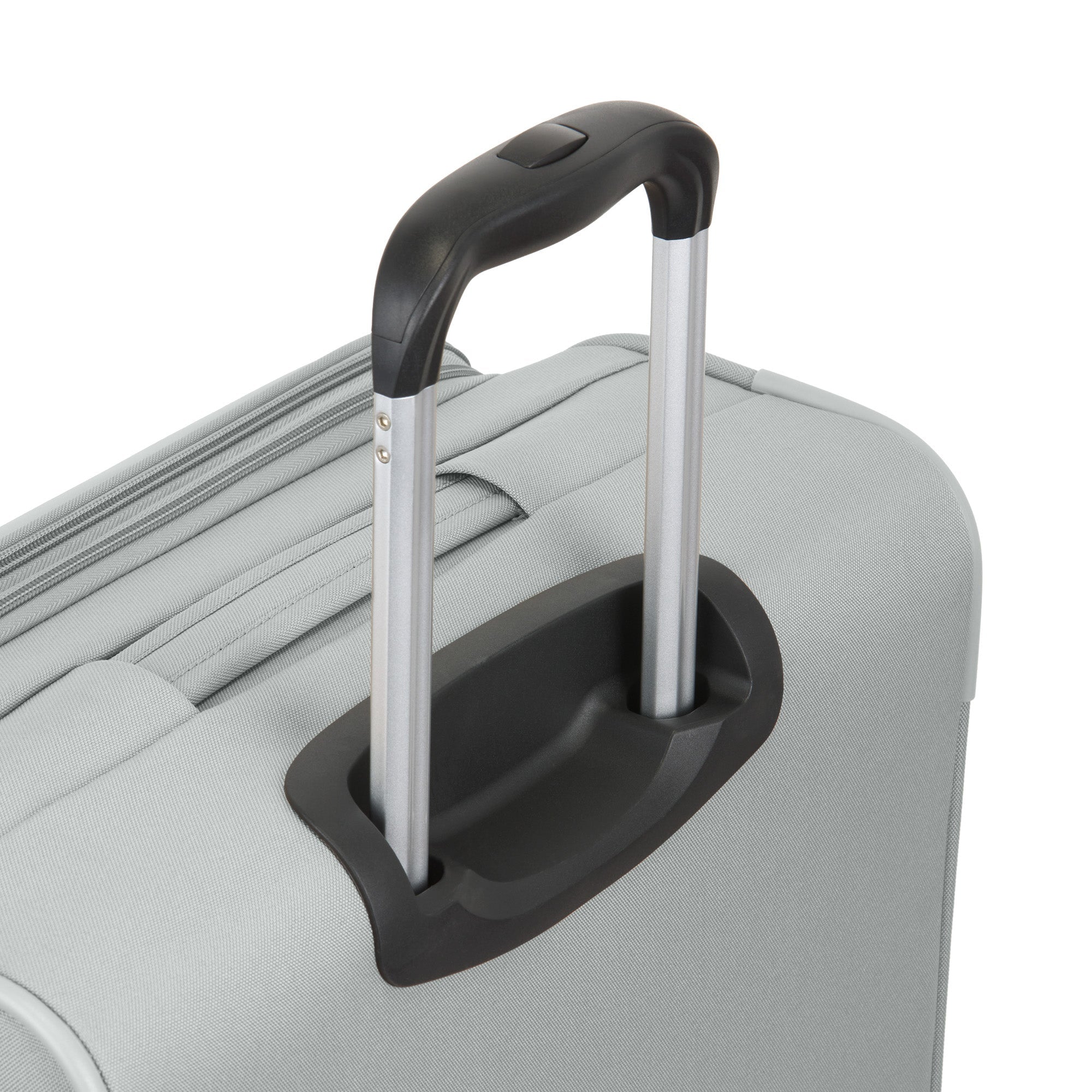 Gray suitcase with black handle and grip on a white background