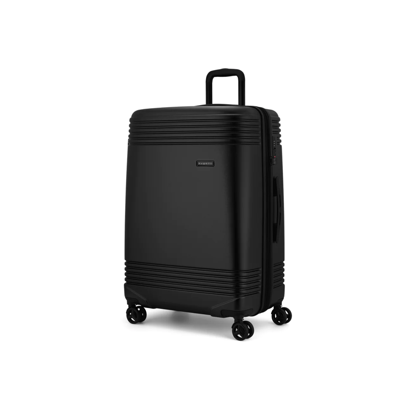 Black suitcase with wheels on a white background