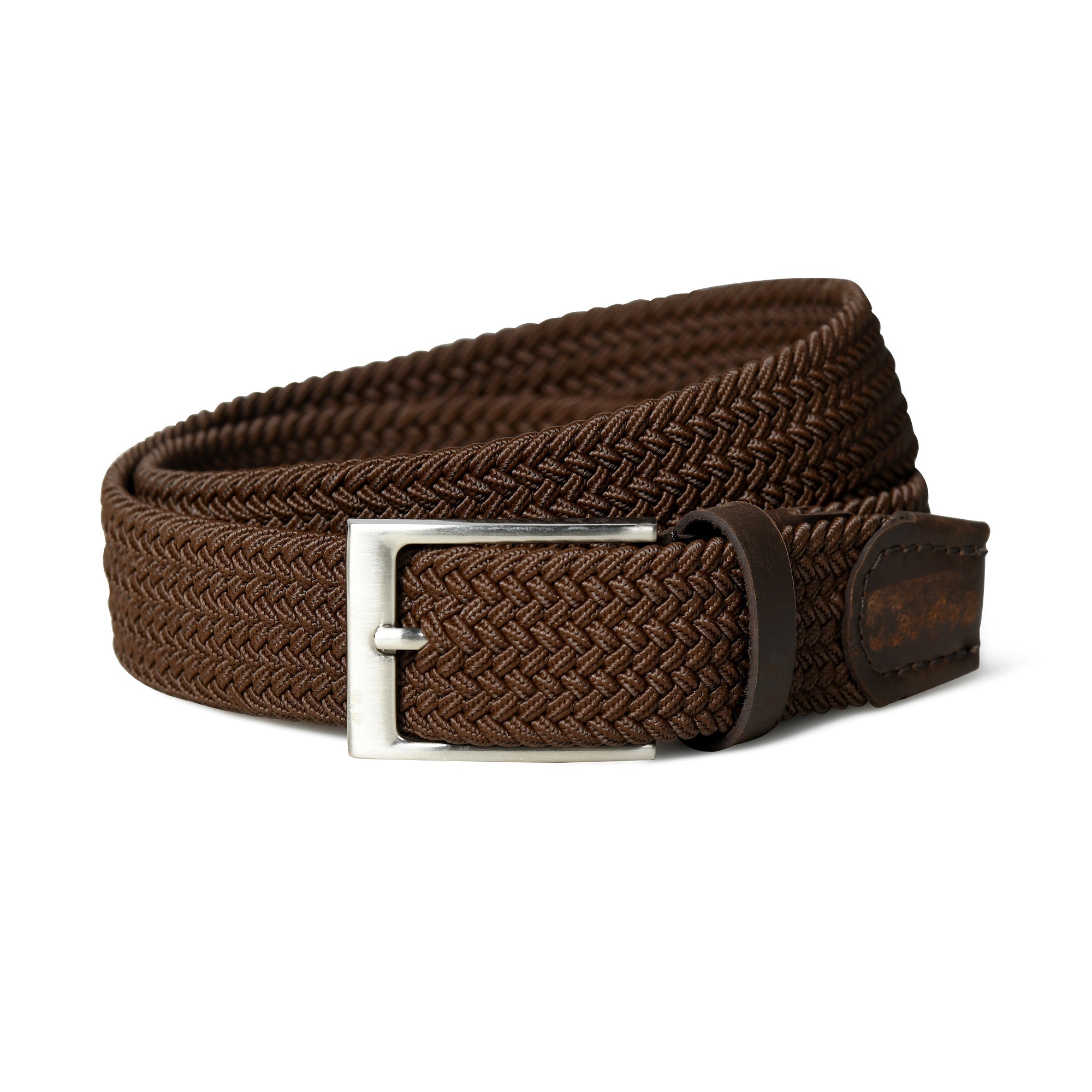 Brown woven belt with a silver buckle on a white background