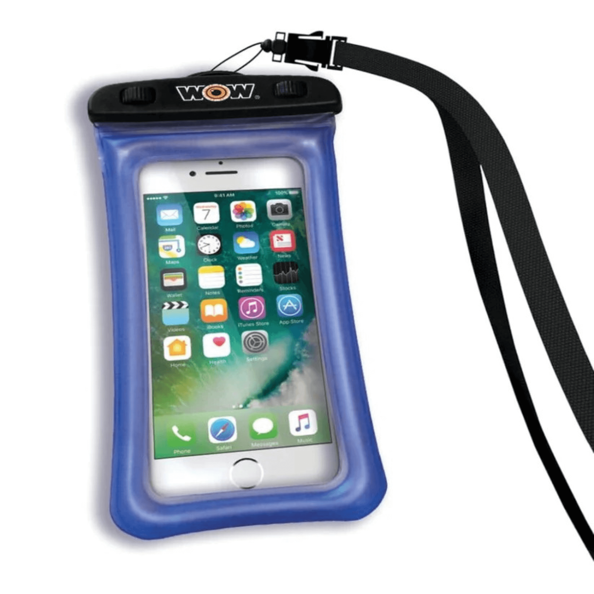 Blue phone pouch with a smartphone displaying app icons, featuring the brand 'WOW'.