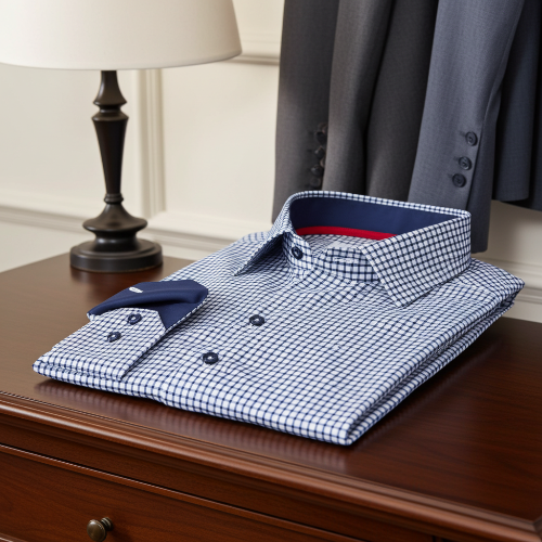 Folded blue checkered shirt with a red lining on a wooden surface next to a gray coat and lamp.
