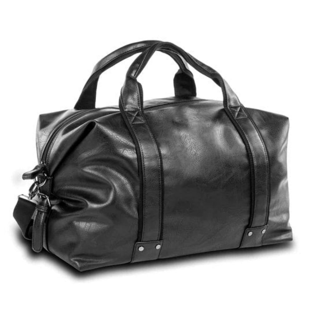 Black leather duffel bag on a white background