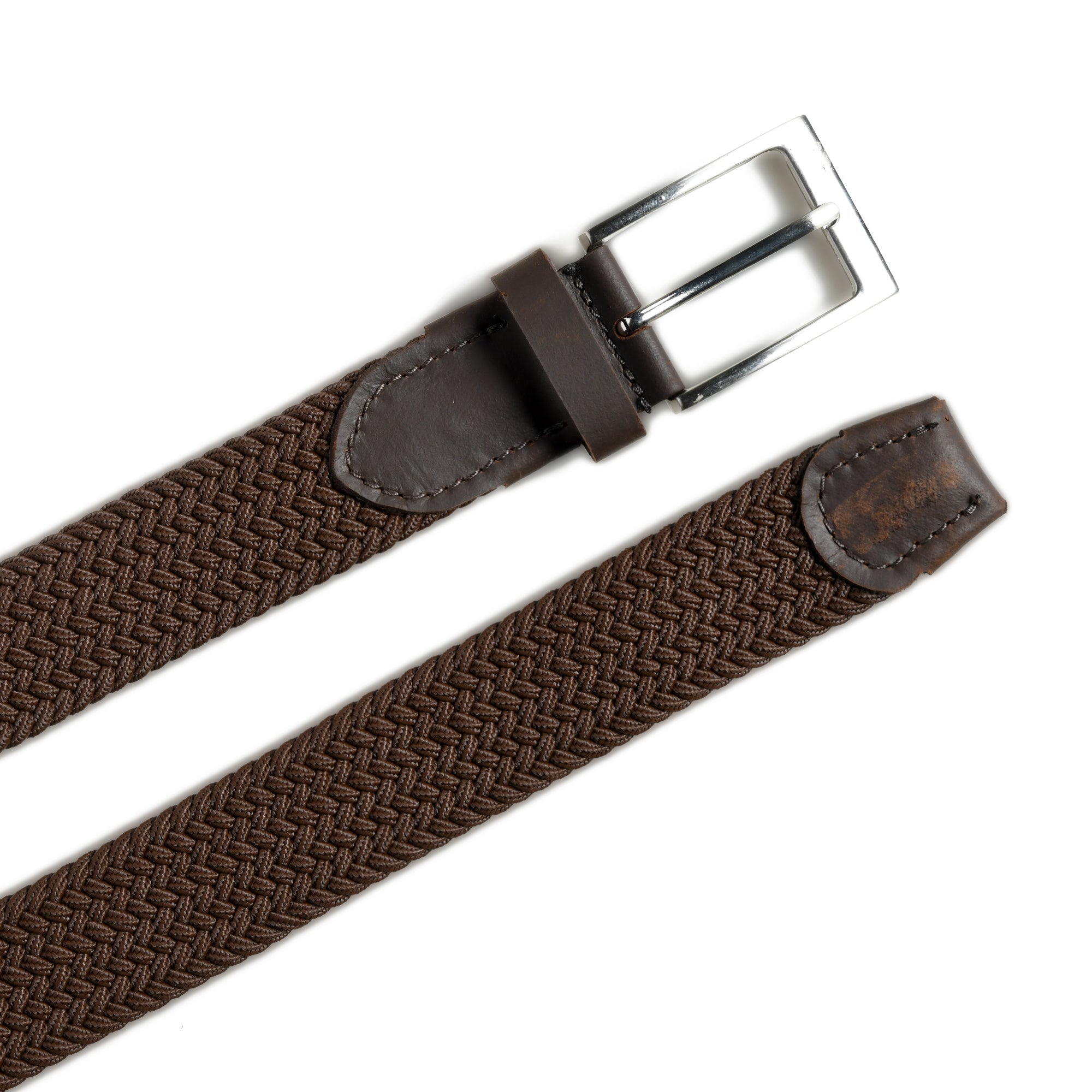 Brown woven belt with a silver buckle on a white background
